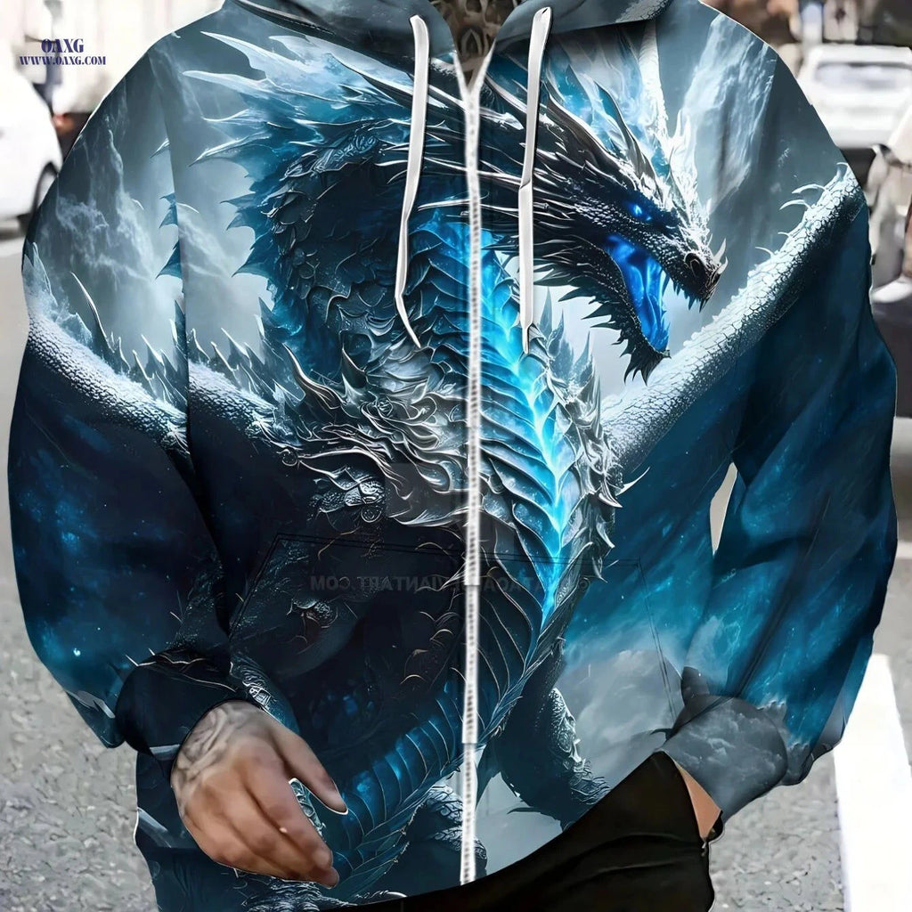 Men's Blue Dragon Print Hoodie - Stylish Zipper Casual Wear   OAXG 【Multicolor】 / FR M