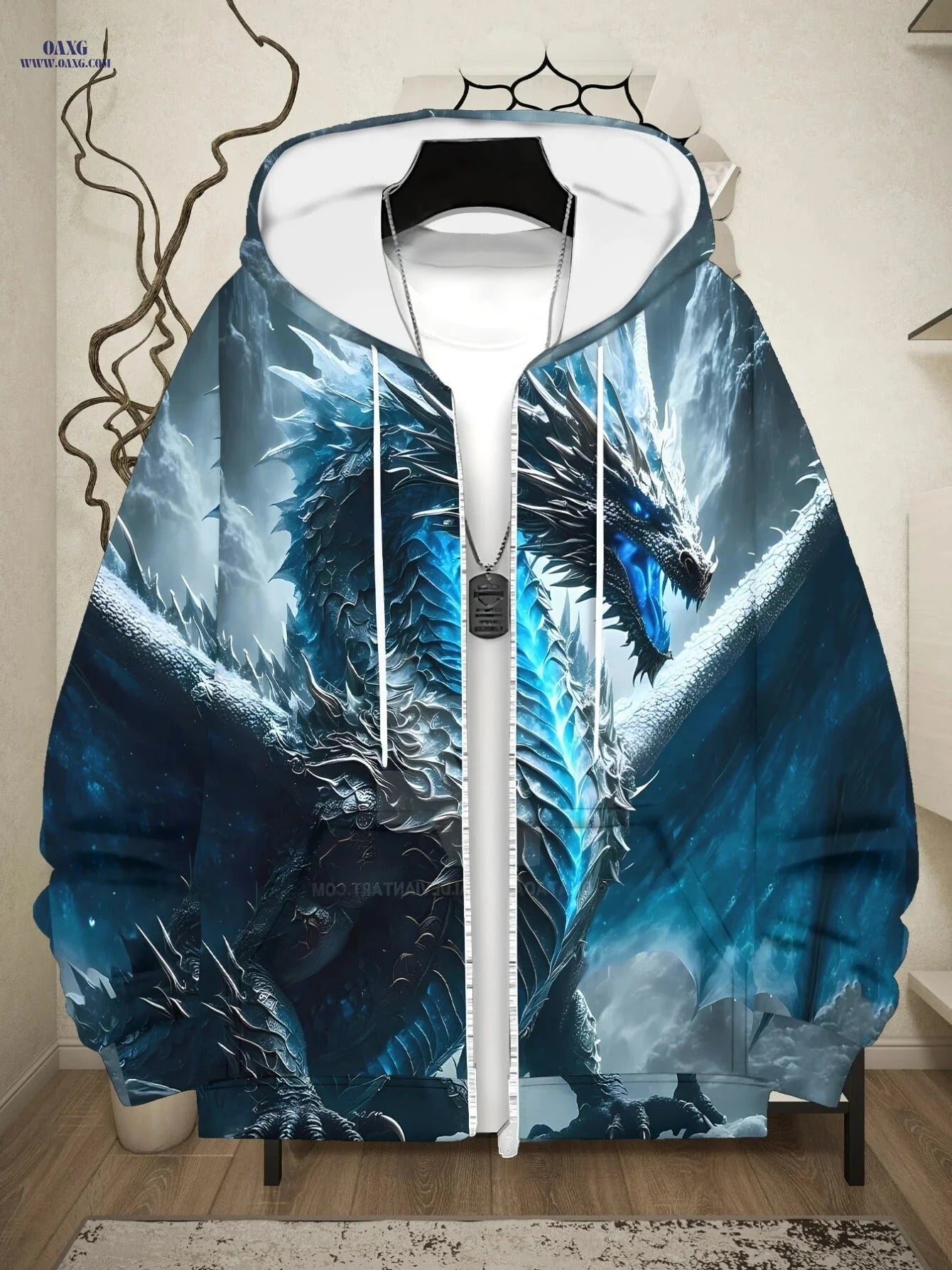 Men's Blue Dragon Print Hoodie - Stylish Zipper Casual Wear   OAXG 【Multicolor】 / FR M