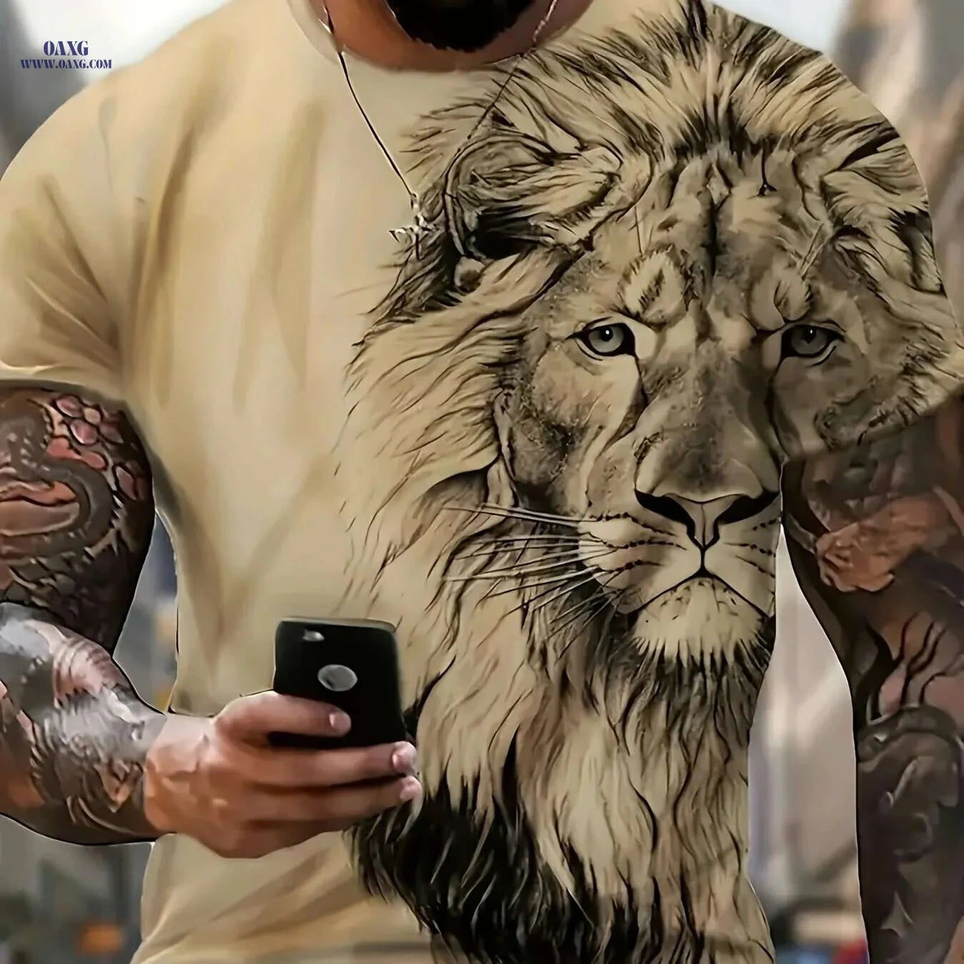 Men's Bold Lion 3D Print T-Shirt - Oversized Crew Neck Tee   OAXG 