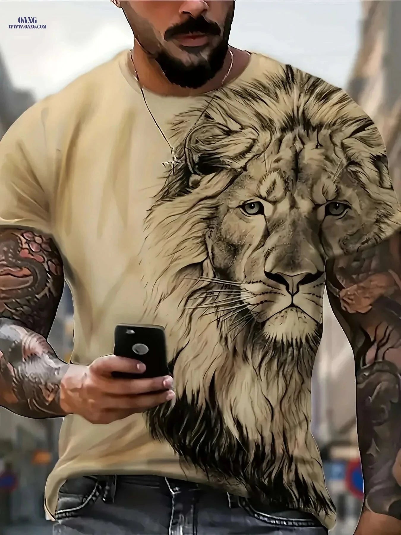 Men's Bold Lion 3D Print T-Shirt - Oversized Crew Neck Tee   OAXG Yellow / S