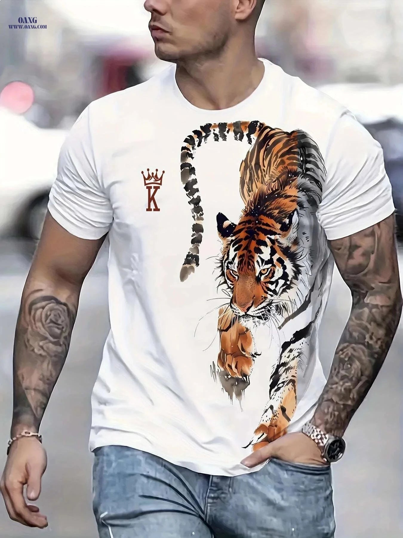Men's Bold Tiger 3D Print Tee - Breathable Polyester Casual Shirt   OAXG 