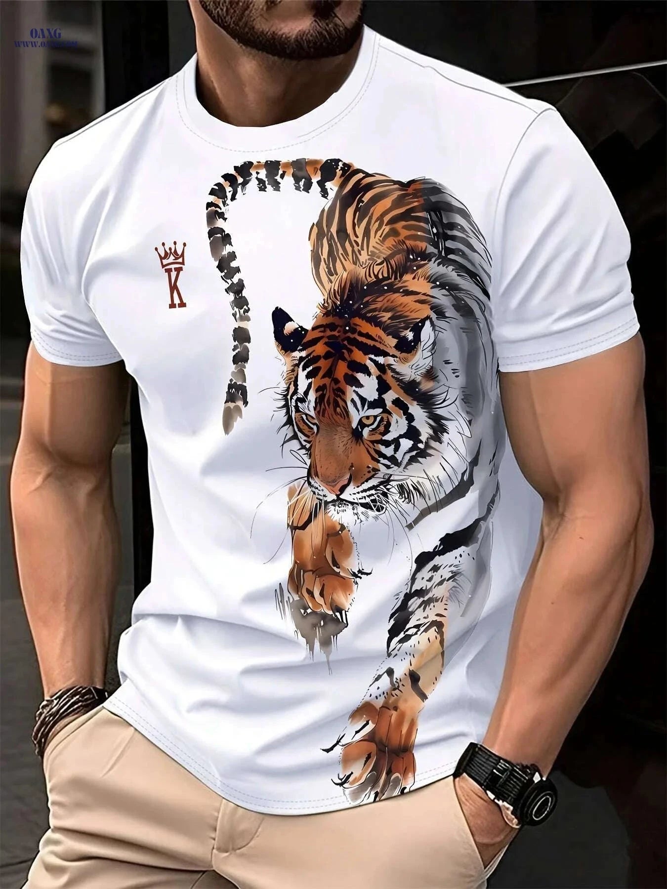 Men's Bold Tiger 3D Print Tee - Breathable Polyester Casual Shirt   OAXG DD205 / S