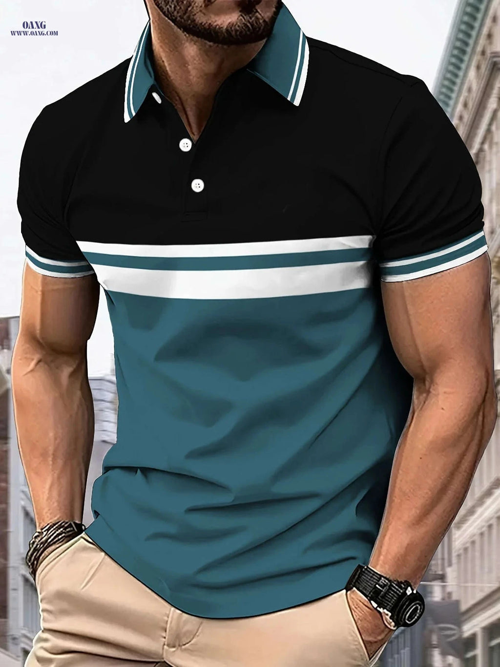 Men's Breathable Casual Shirt - Color Block, Short Sleeve, Comfort Fit   OAXG 