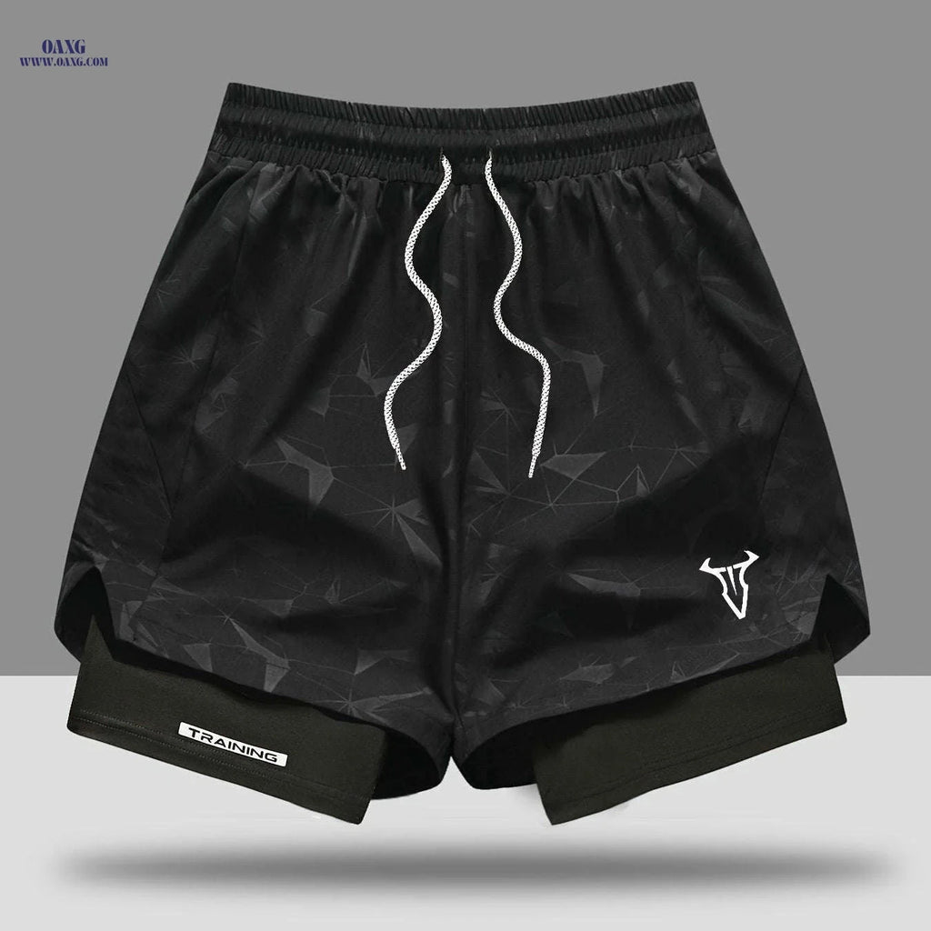 Men's Breathable Fitness Shorts - Slimming Sports Design, Geometric Print   OAXG Black / FR S