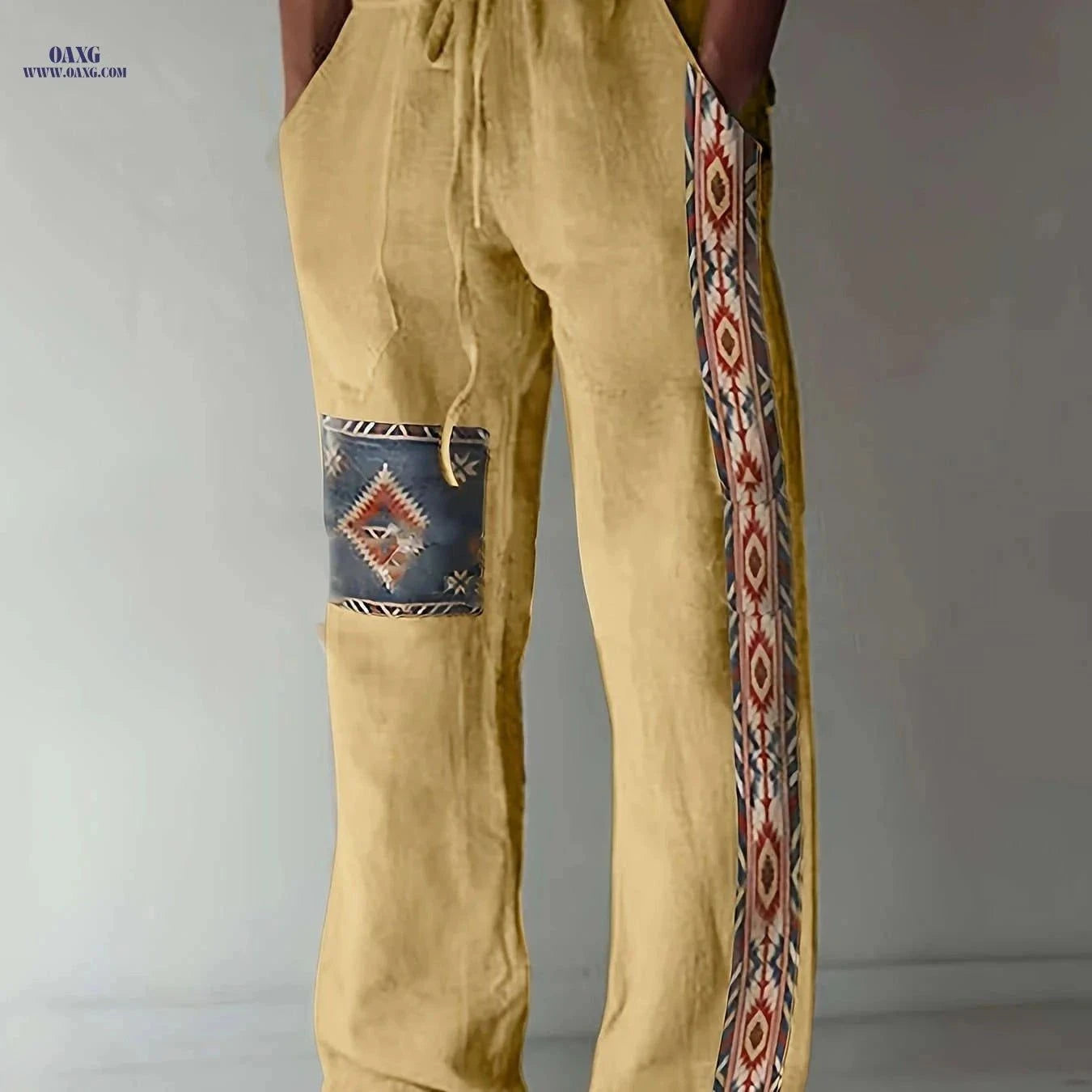 Men’s Breathable Loose-Fitting Pants - Ethnic Print, Drawstring Design   OAXG Khaki / FR XXS
