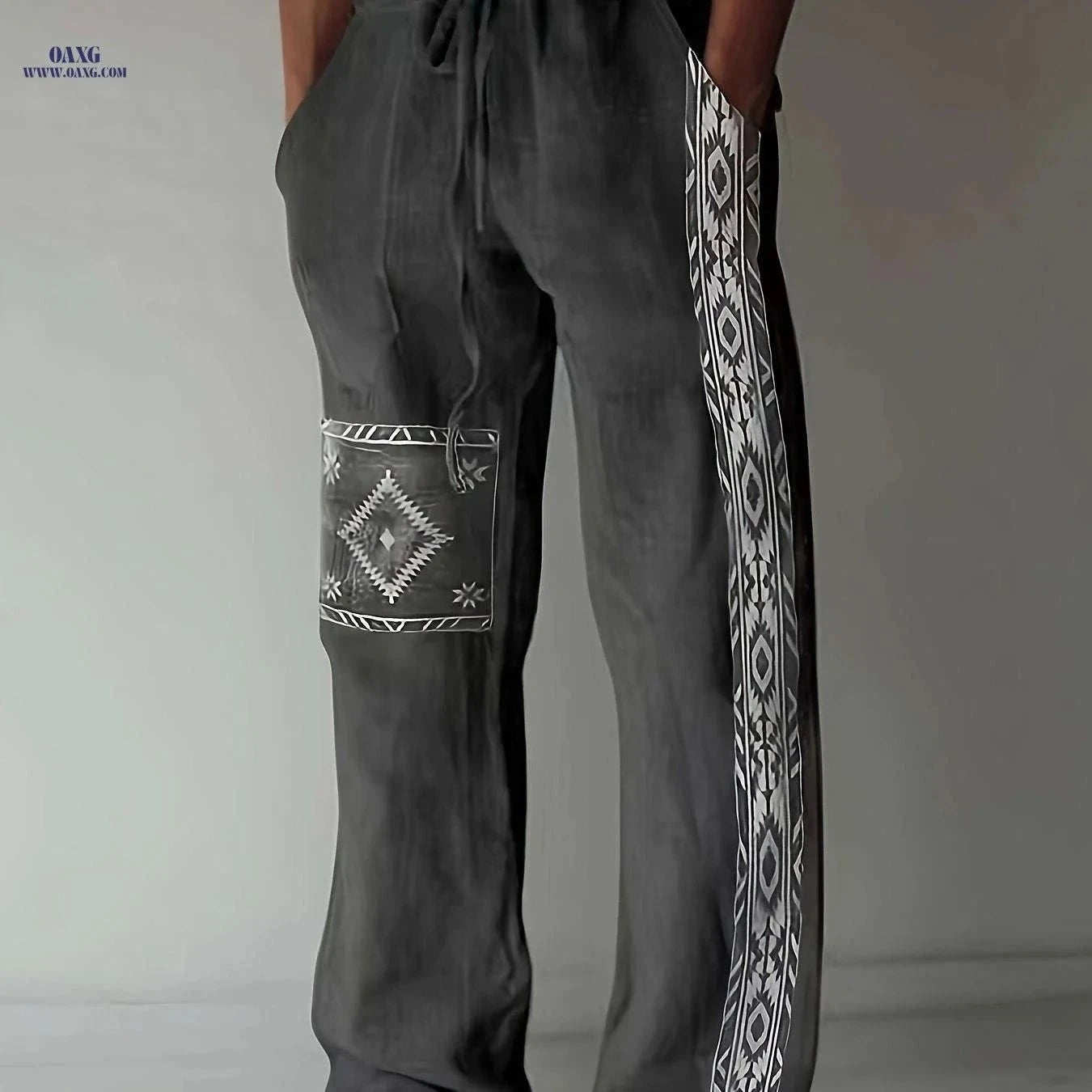 Men’s Breathable Loose-Fitting Pants - Ethnic Print, Drawstring Design   OAXG Khaki / FR XXS