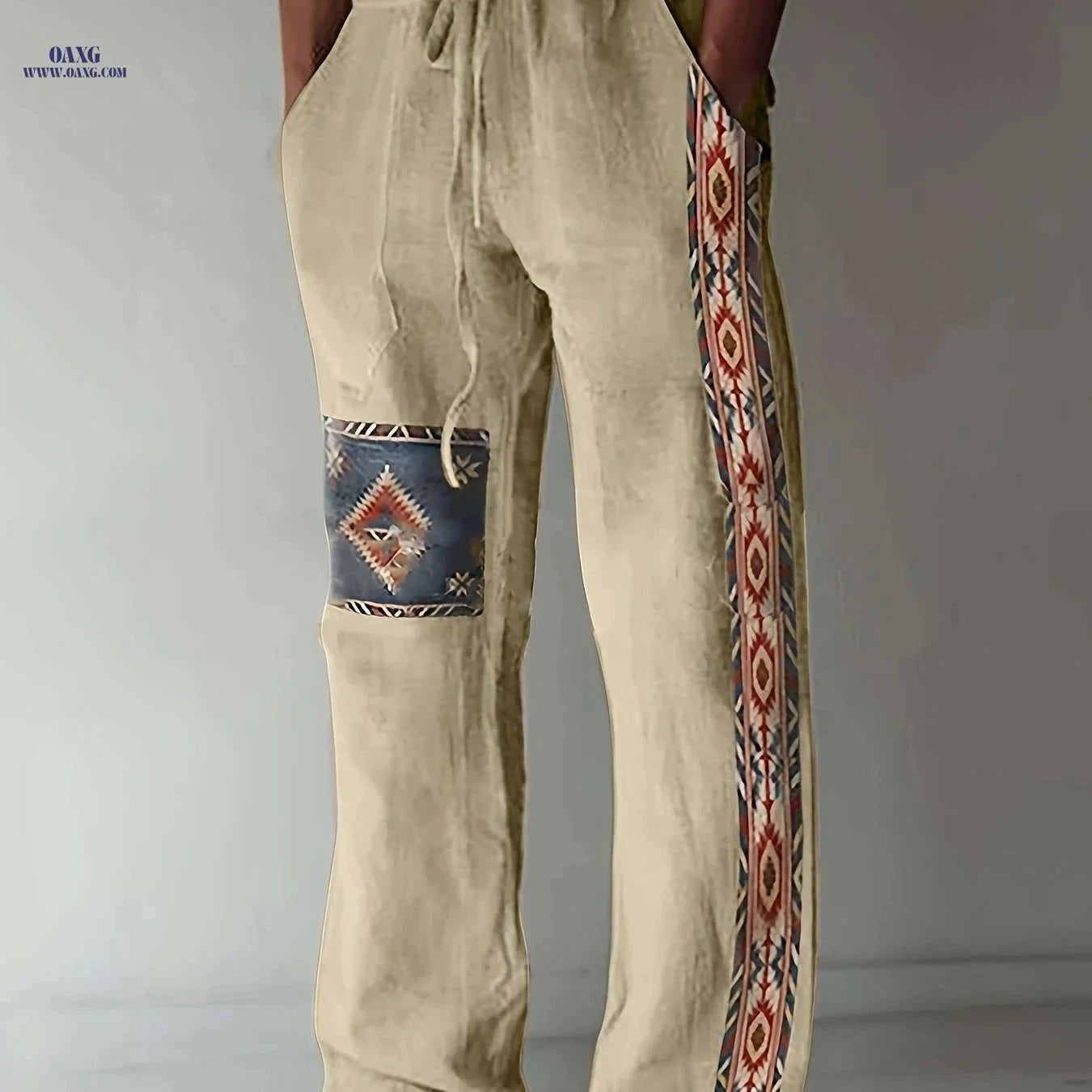 Men’s Breathable Loose-Fitting Pants - Ethnic Print, Drawstring Design   OAXG Khaki / FR XXS