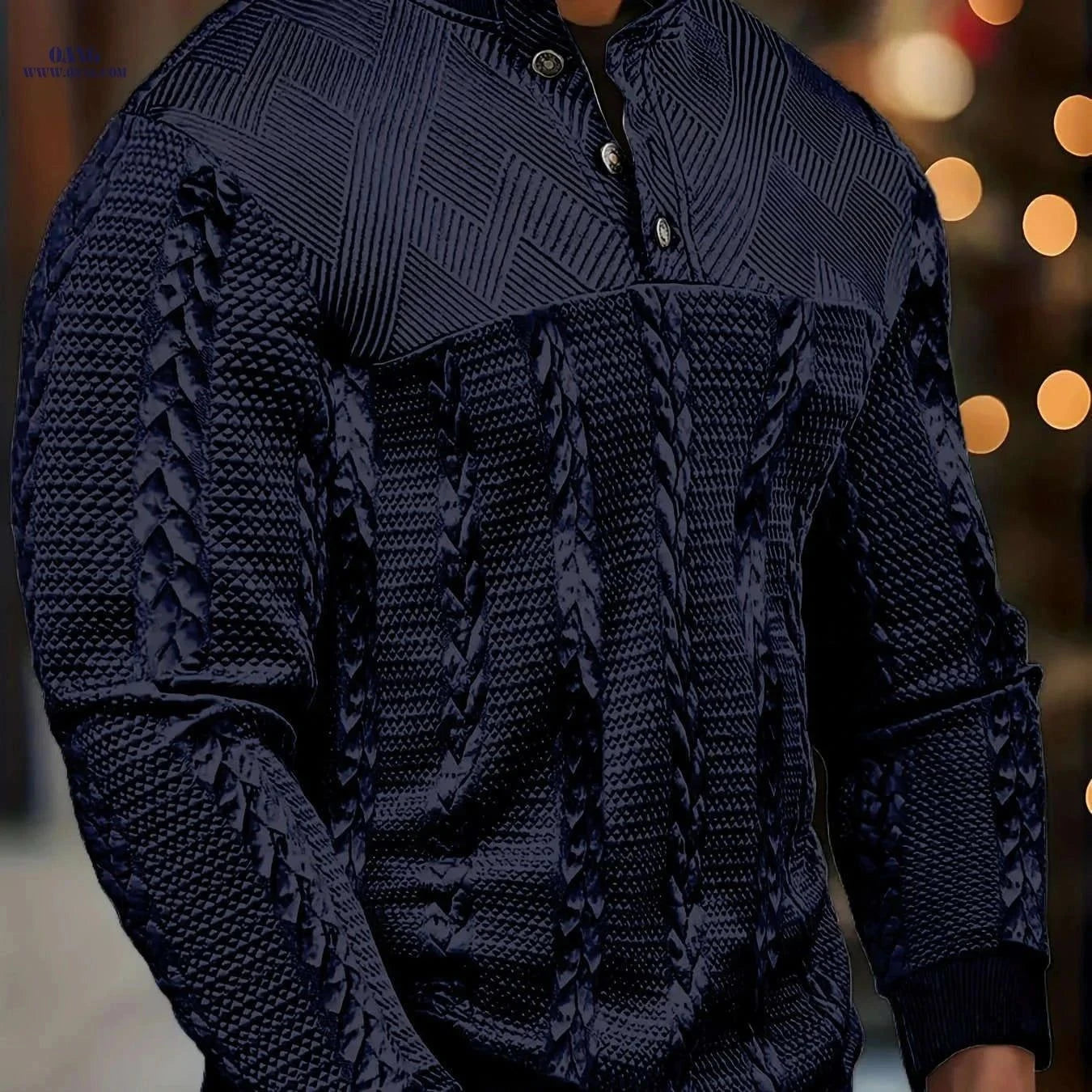 Men's Brown Striped Henley Sweater - Casual Long Sleeve Pullover   OAXG Black / FR S
