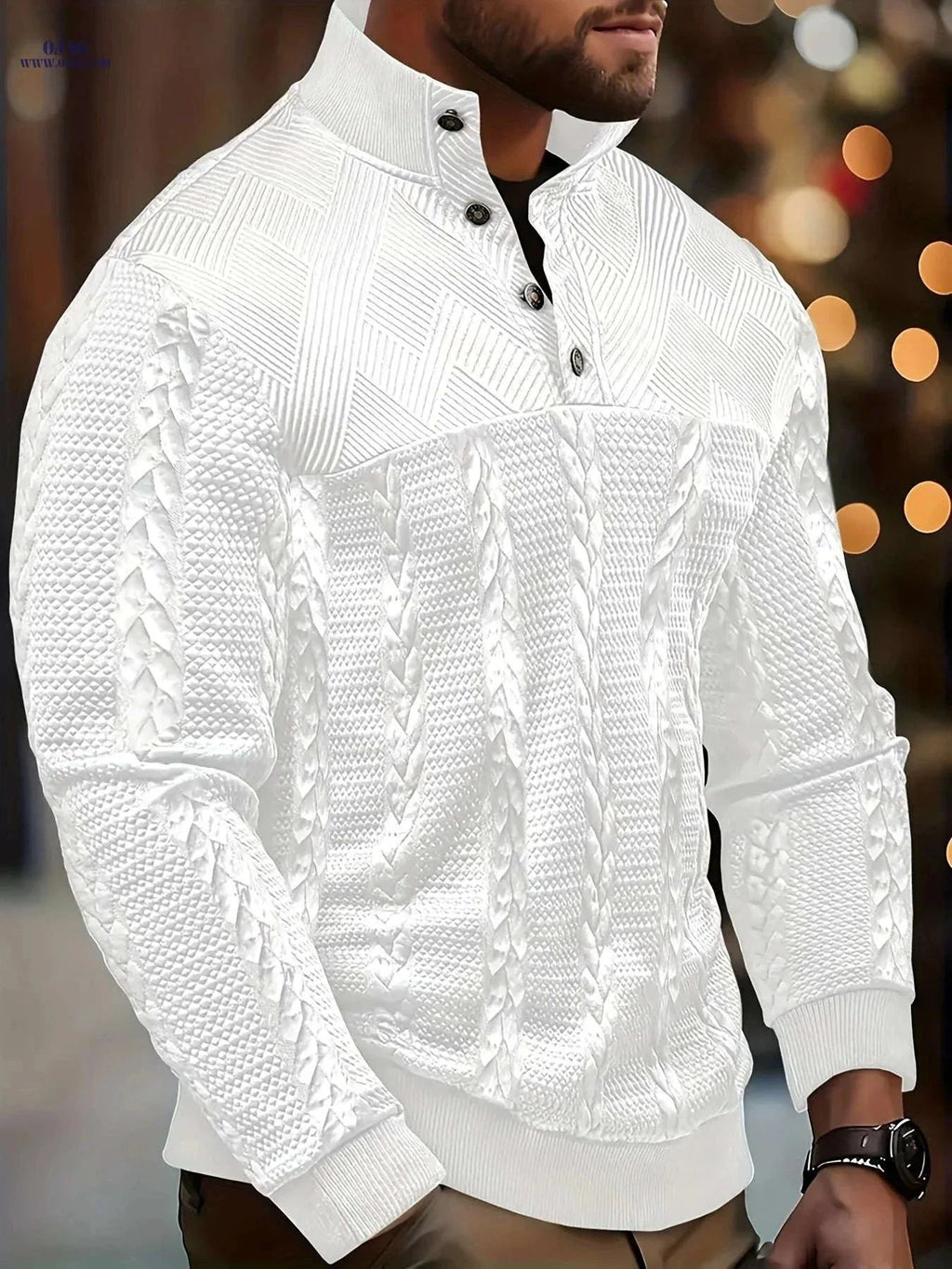 Men's Brown Striped Henley Sweater - Casual Long Sleeve Pullover   OAXG Black / FR S