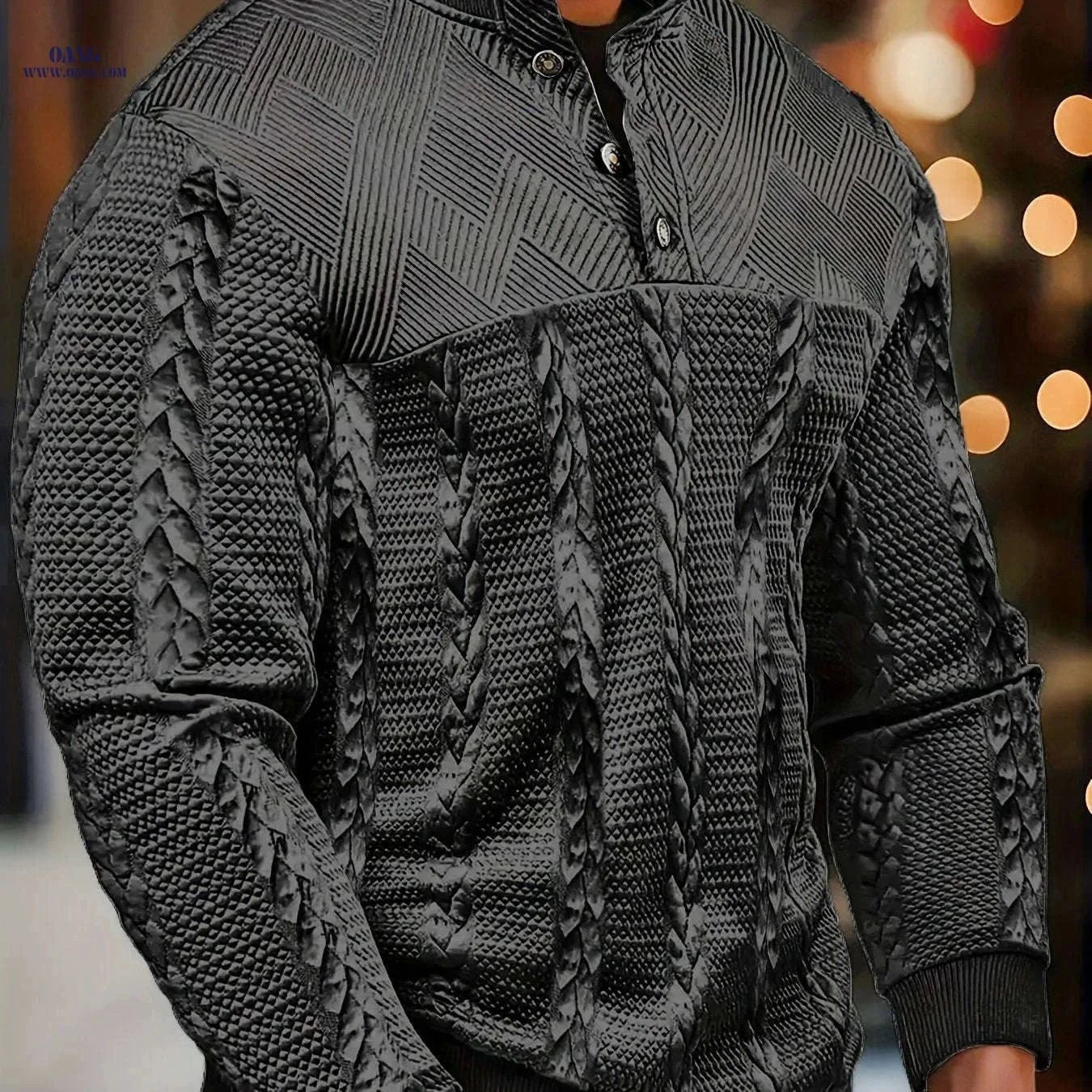 Men's Brown Striped Henley Sweater - Casual Long Sleeve Pullover   OAXG Black / FR S