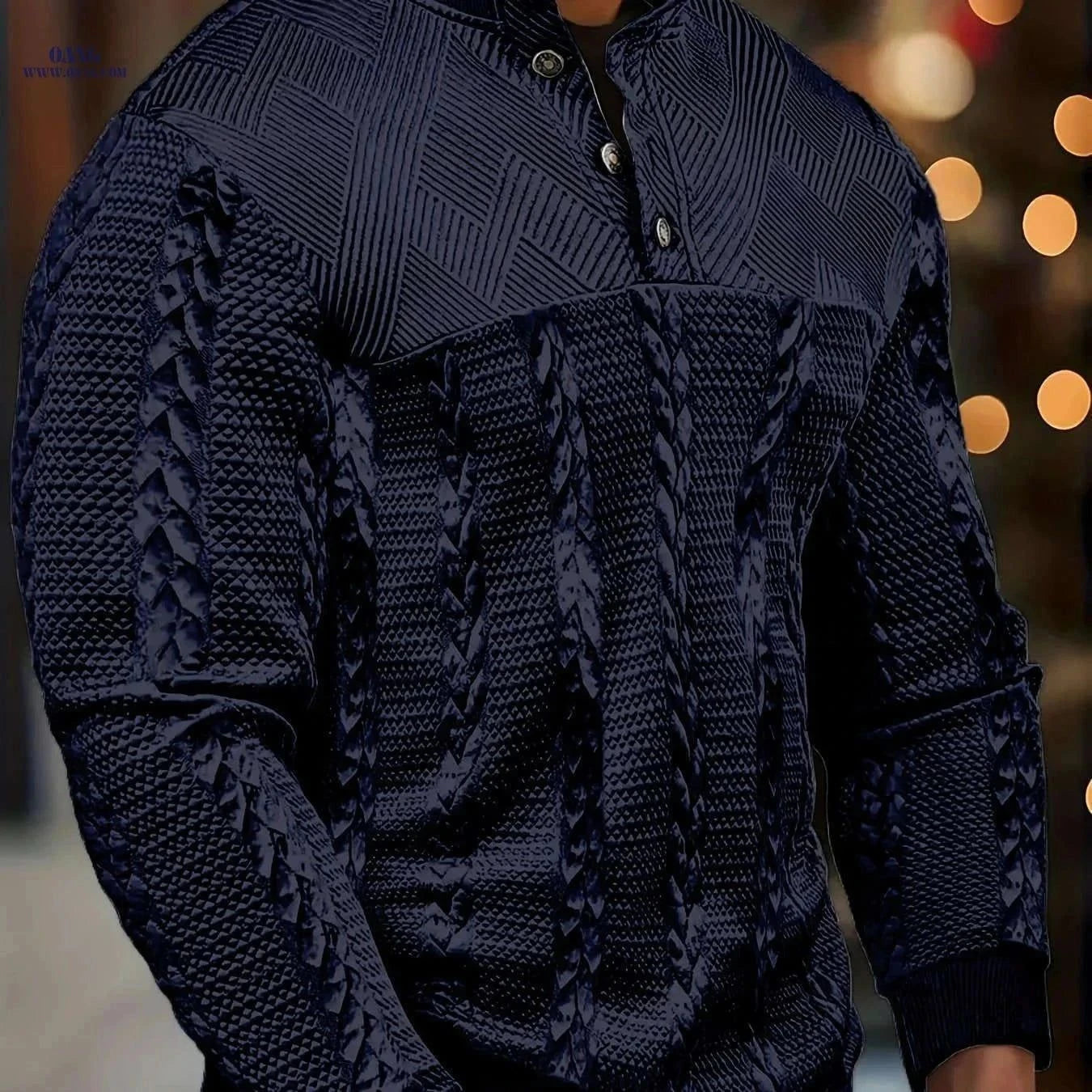Men's Brown Striped Henley Sweater - Casual Long Sleeve Pullover   OAXG Black / FR S