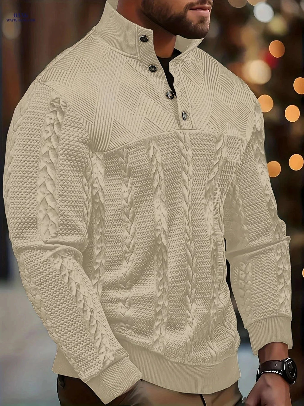 Men's Brown Striped Henley Sweater - Casual Long Sleeve Pullover   OAXG Black / FR S