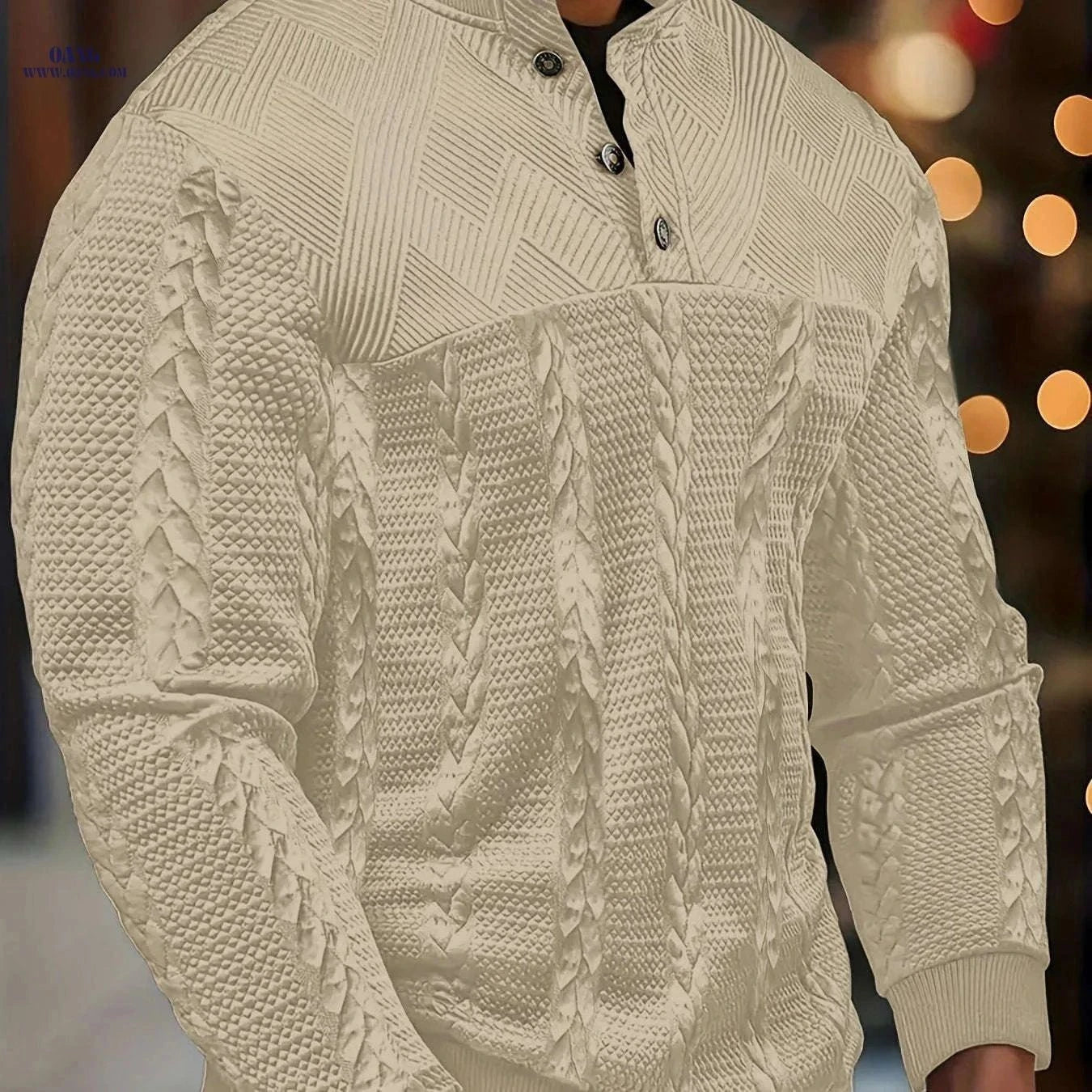 Men's Brown Striped Henley Sweater - Casual Long Sleeve Pullover   OAXG Black / FR S