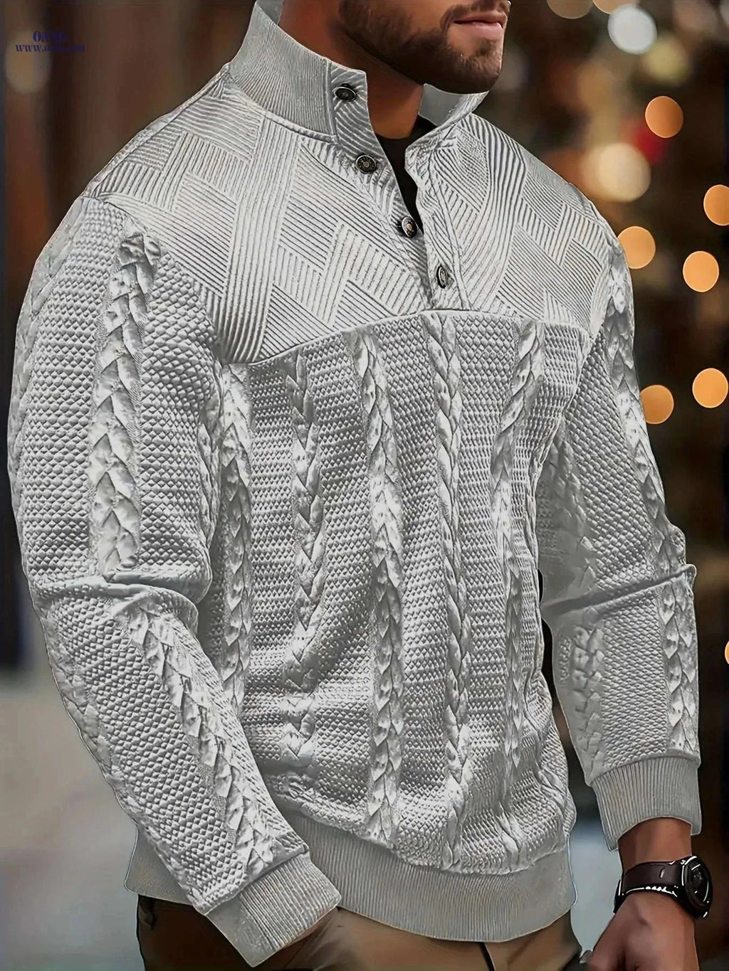 Men's Brown Striped Henley Sweater - Casual Long Sleeve Pullover   OAXG Black / FR S