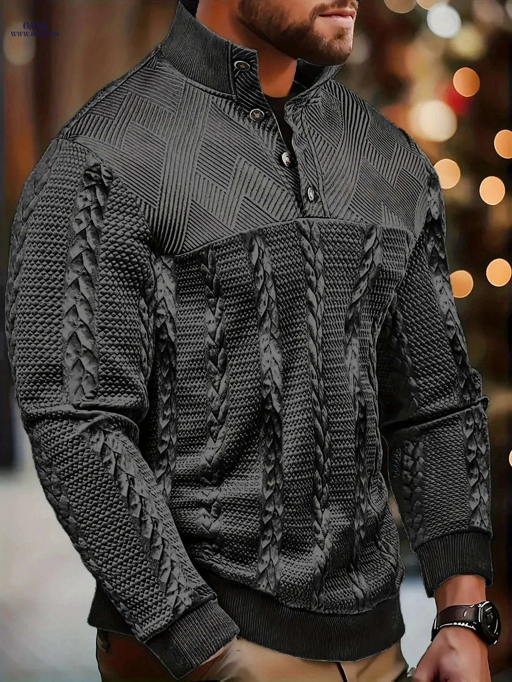 Men's Brown Striped Henley Sweater - Casual Long Sleeve Pullover   OAXG Black / FR S