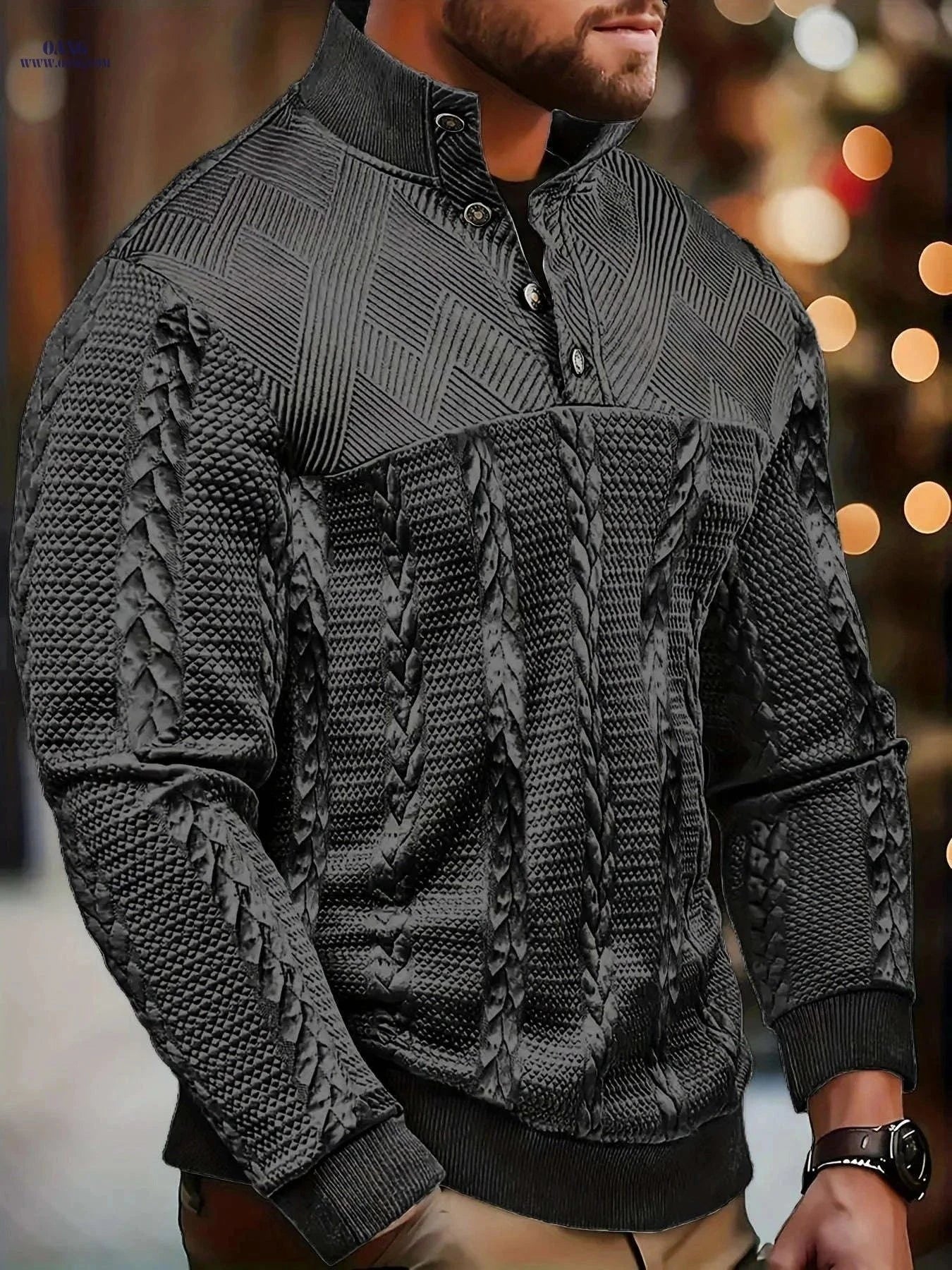 Men's Brown Striped Henley Sweater - Casual Long Sleeve Pullover   OAXG Black / FR S