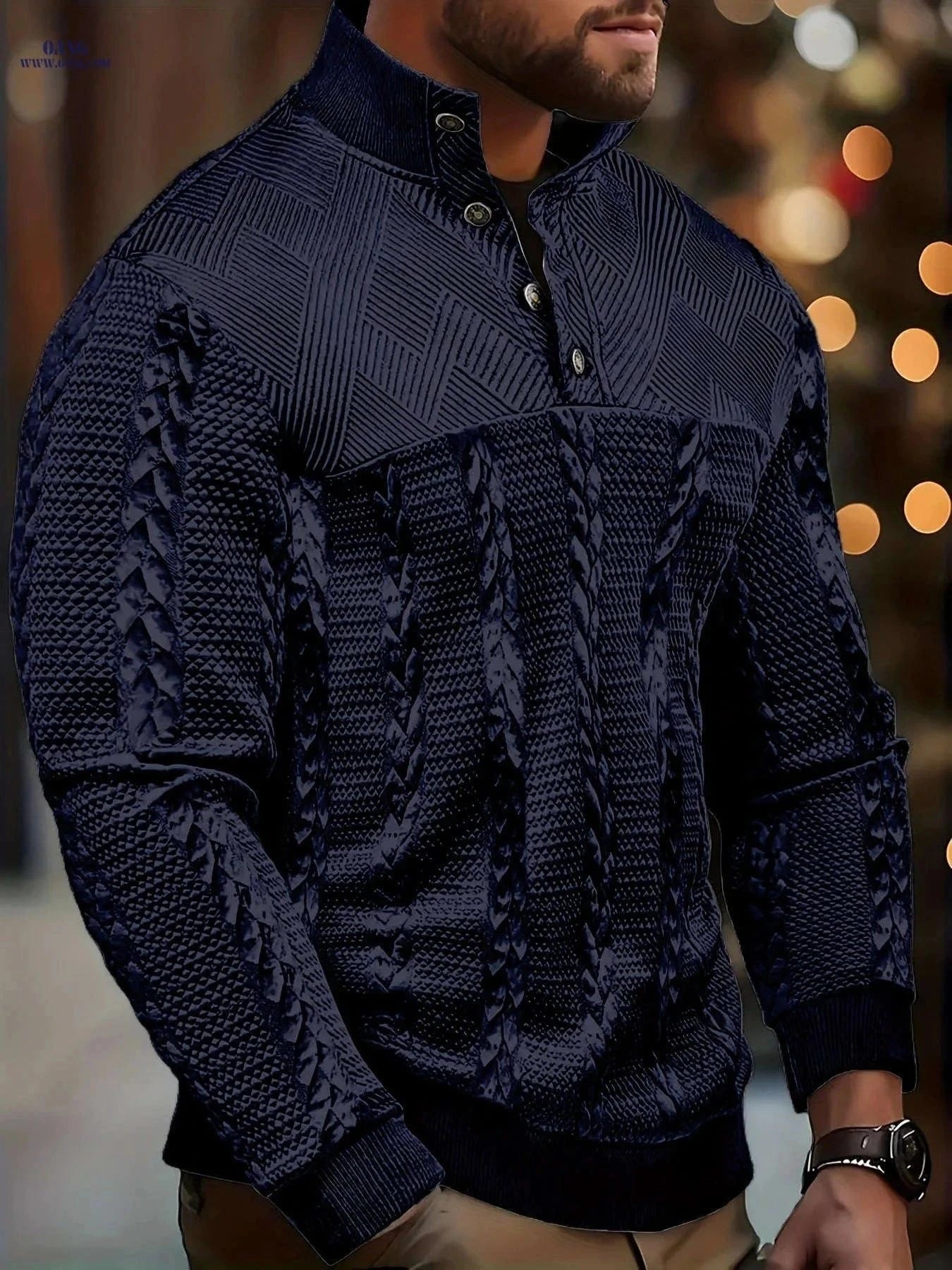 Men's Brown Striped Henley Sweater - Casual Long Sleeve Pullover   OAXG Black / FR S