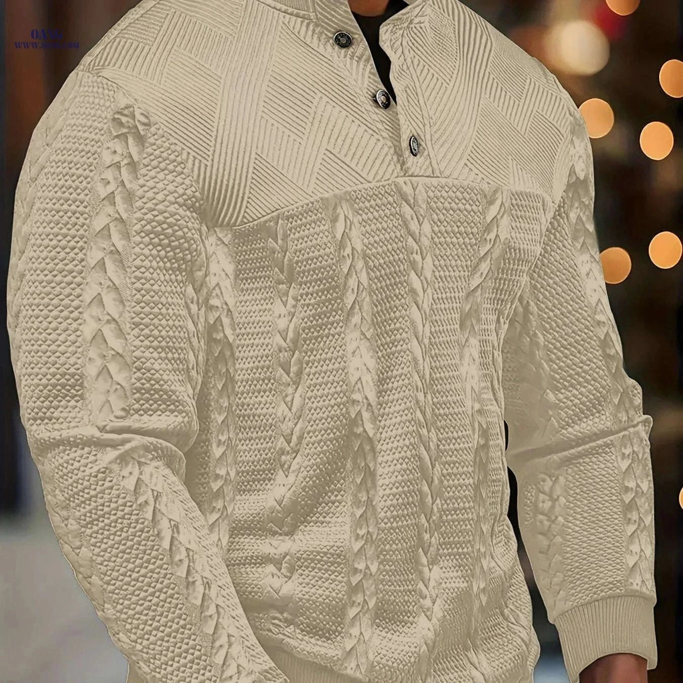 Men's Brown Striped Henley Sweater - Casual Long Sleeve Pullover   OAXG Black / FR S