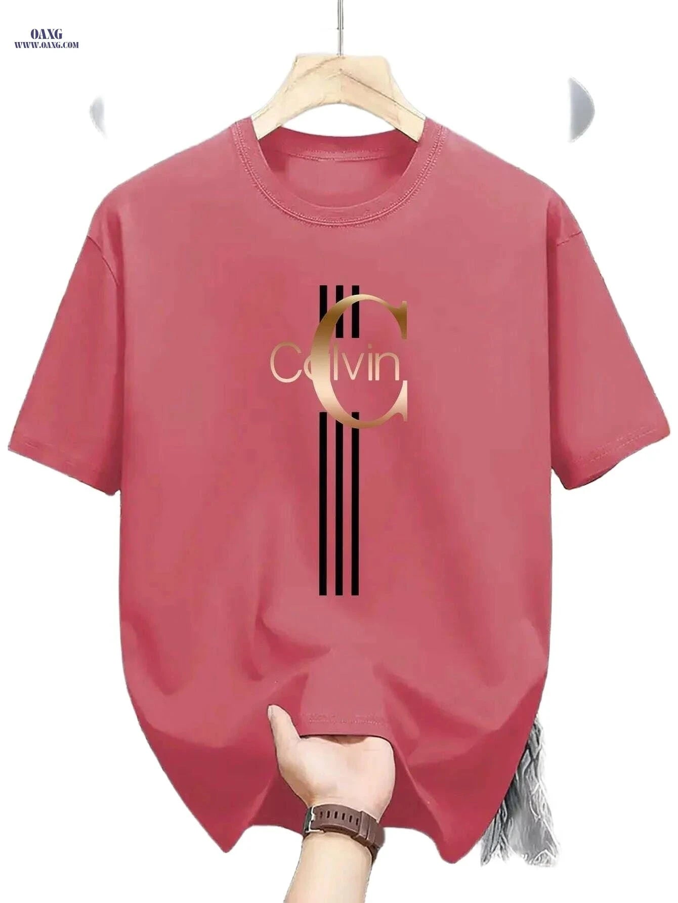 Men's Calvin Print T-Shirt - Black Golden Stripe Summer Tee   OAXG Black / XS