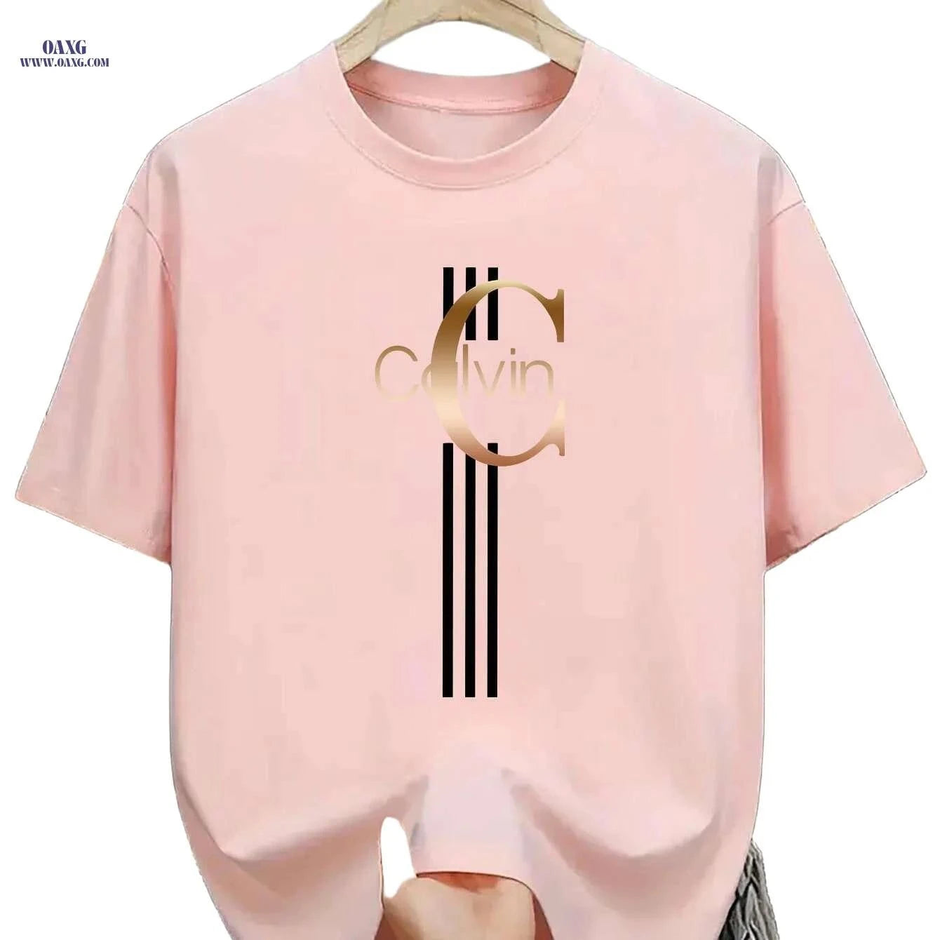 Men's Calvin Print T-Shirt - Black Golden Stripe Summer Tee   OAXG Black / XS