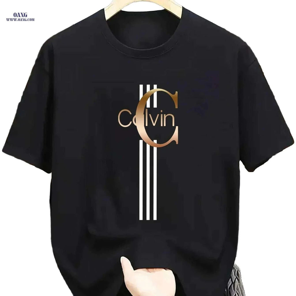 Men's Calvin Print T-Shirt - Black Golden Stripe Summer Tee   OAXG Black / XS