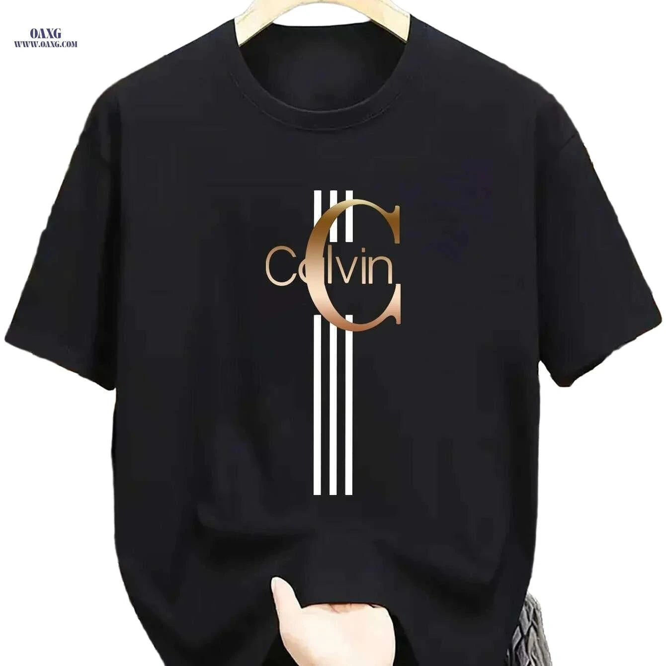 Men's Calvin Print T-Shirt - Black Golden Stripe Summer Tee   OAXG Black / XS