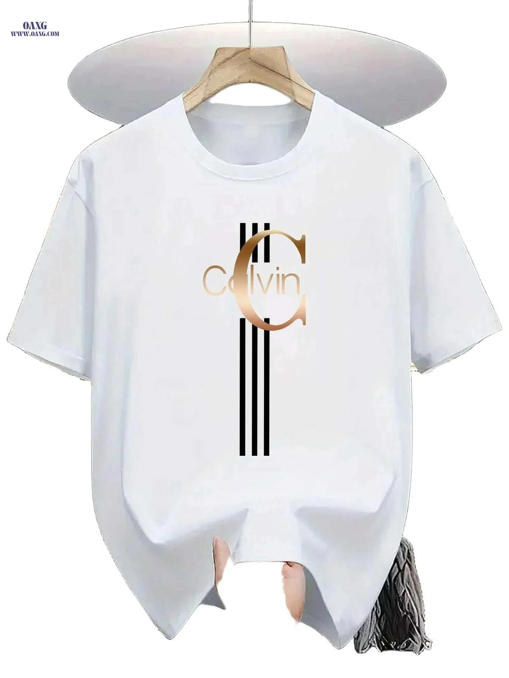 Men's Calvin Print T-Shirt - Black Golden Stripe Summer Tee   OAXG Black / XS