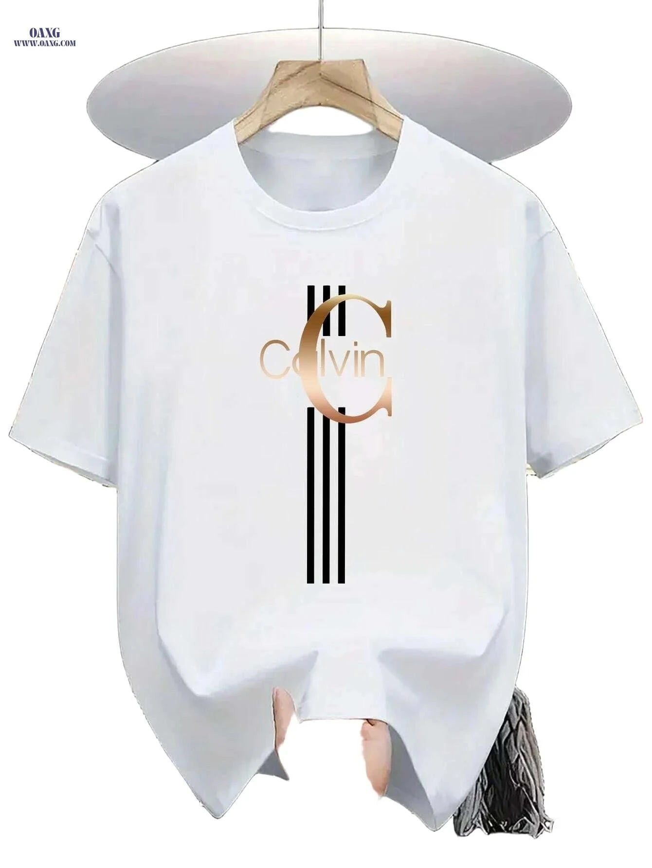 Men's Calvin Print T-Shirt - Black Golden Stripe Summer Tee   OAXG Black / XS