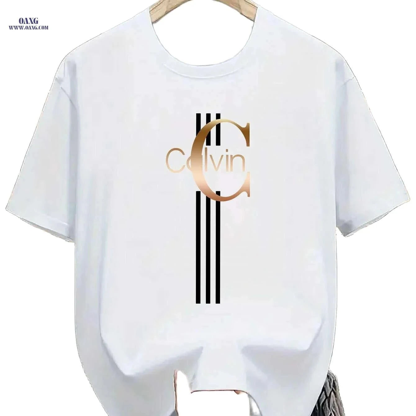 Men's Calvin Print T-Shirt - Black Golden Stripe Summer Tee   OAXG Black / XS