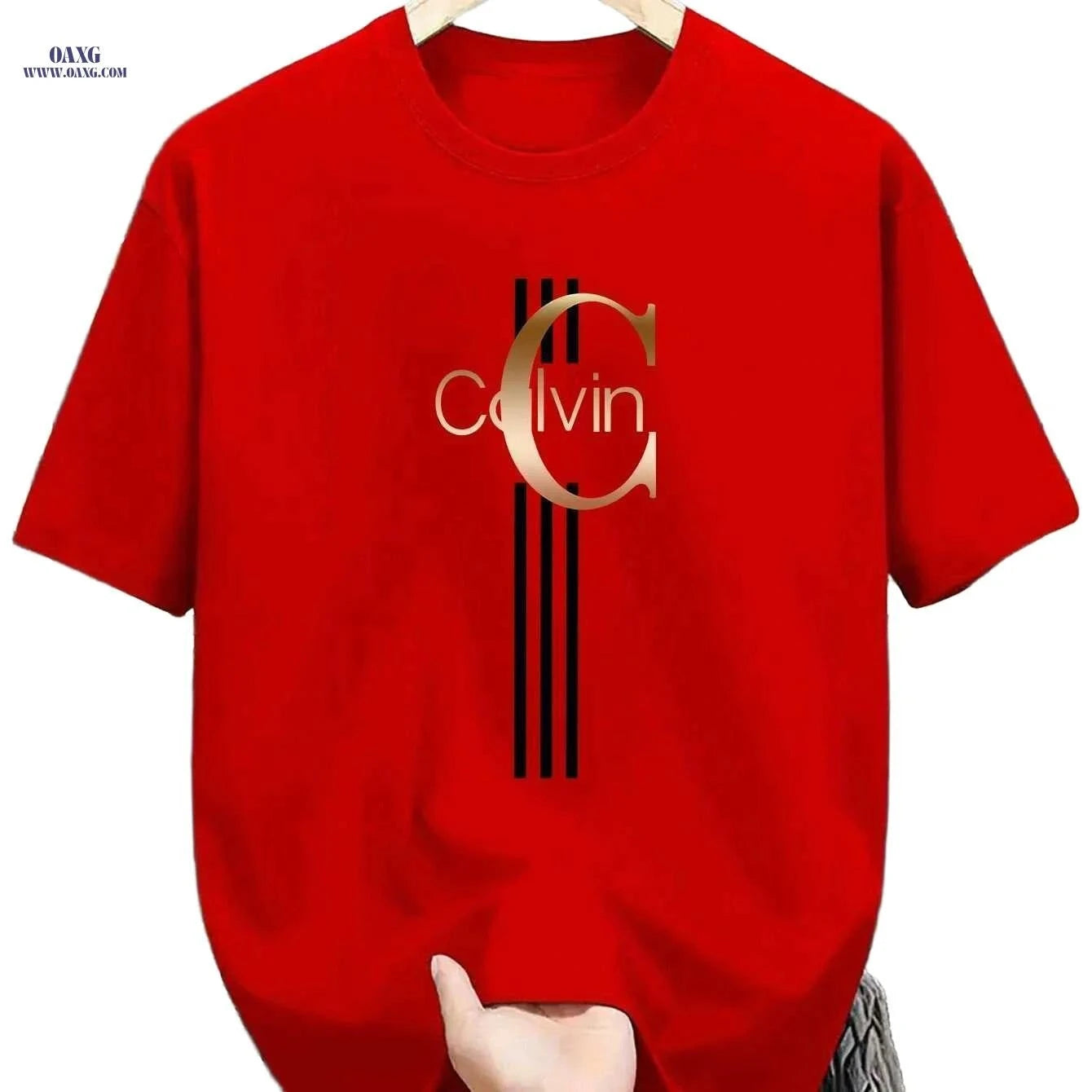 Men's Calvin Print T-Shirt - Black Golden Stripe Summer Tee   OAXG Black / XS