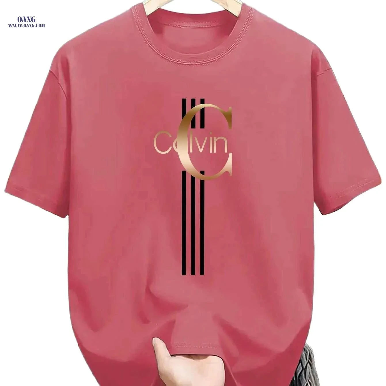 Men's Calvin Print T-Shirt - Black Golden Stripe Summer Tee   OAXG Black / XS