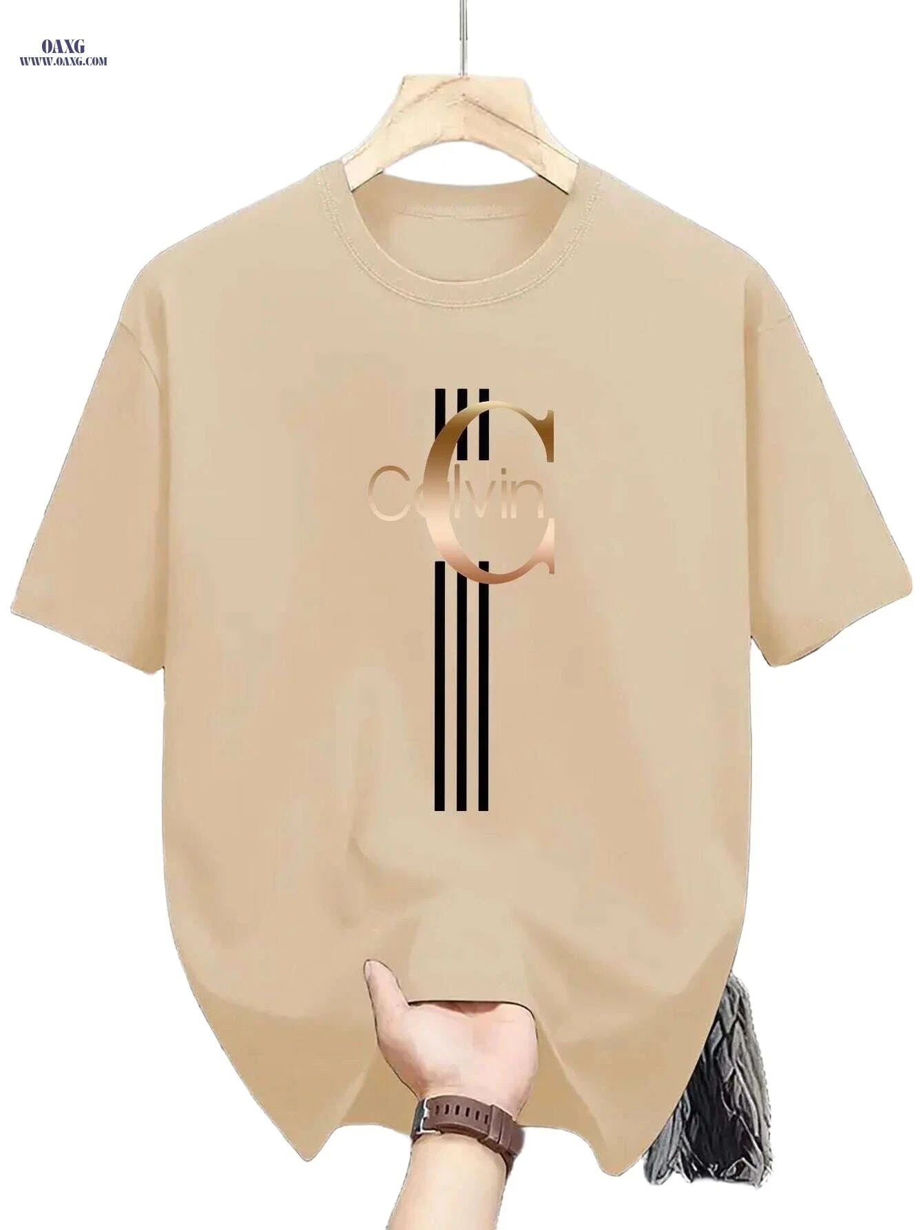 Men's Calvin Print T-Shirt - Black Golden Stripe Summer Tee   OAXG Black / XS