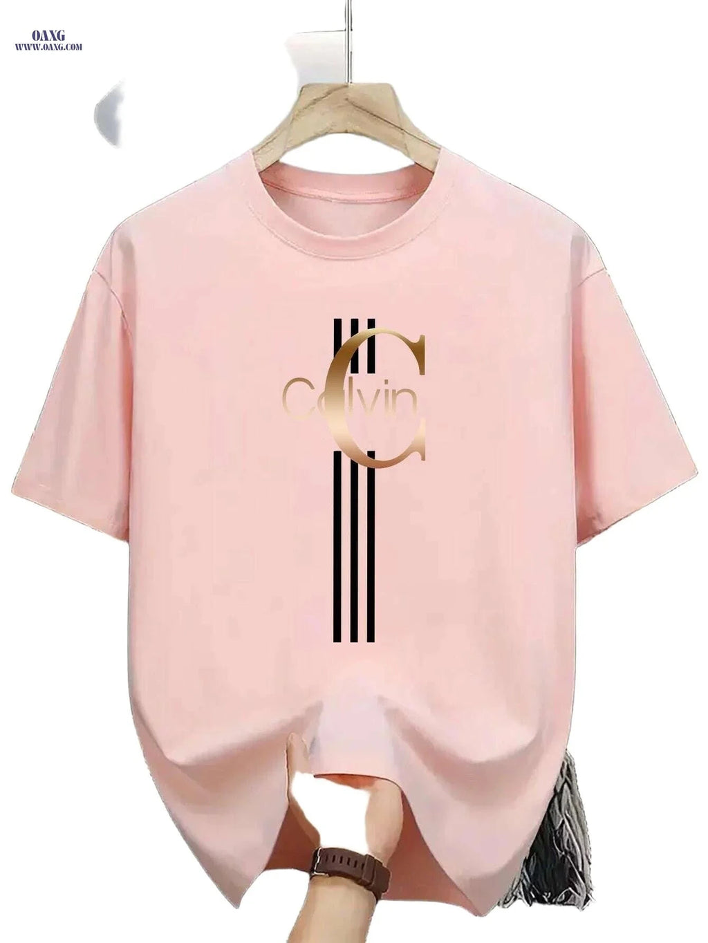 Men's Calvin Print T-Shirt - Black Golden Stripe Summer Tee   OAXG Black / XS