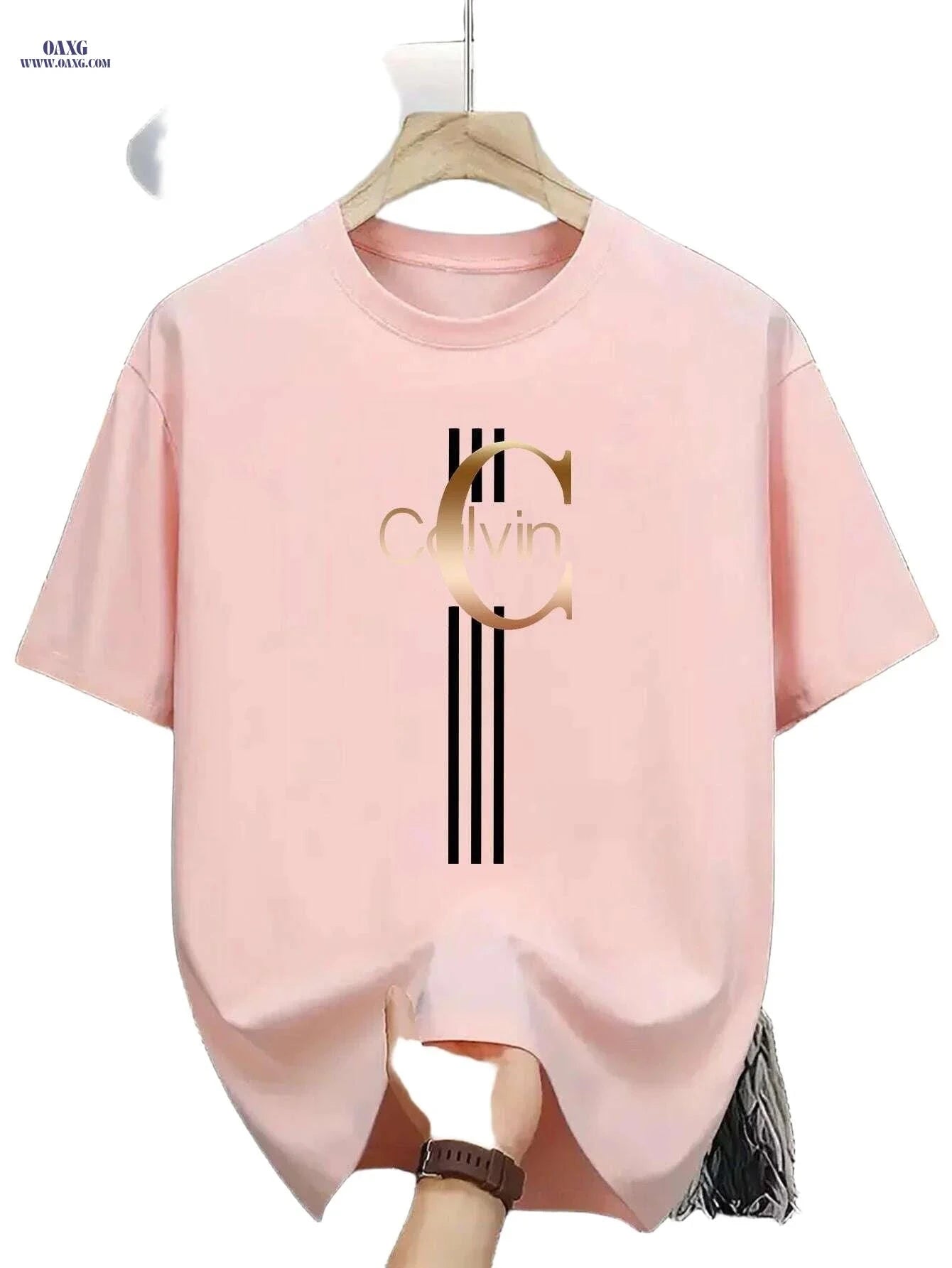 Men's Calvin Print T-Shirt - Black Golden Stripe Summer Tee   OAXG Black / XS