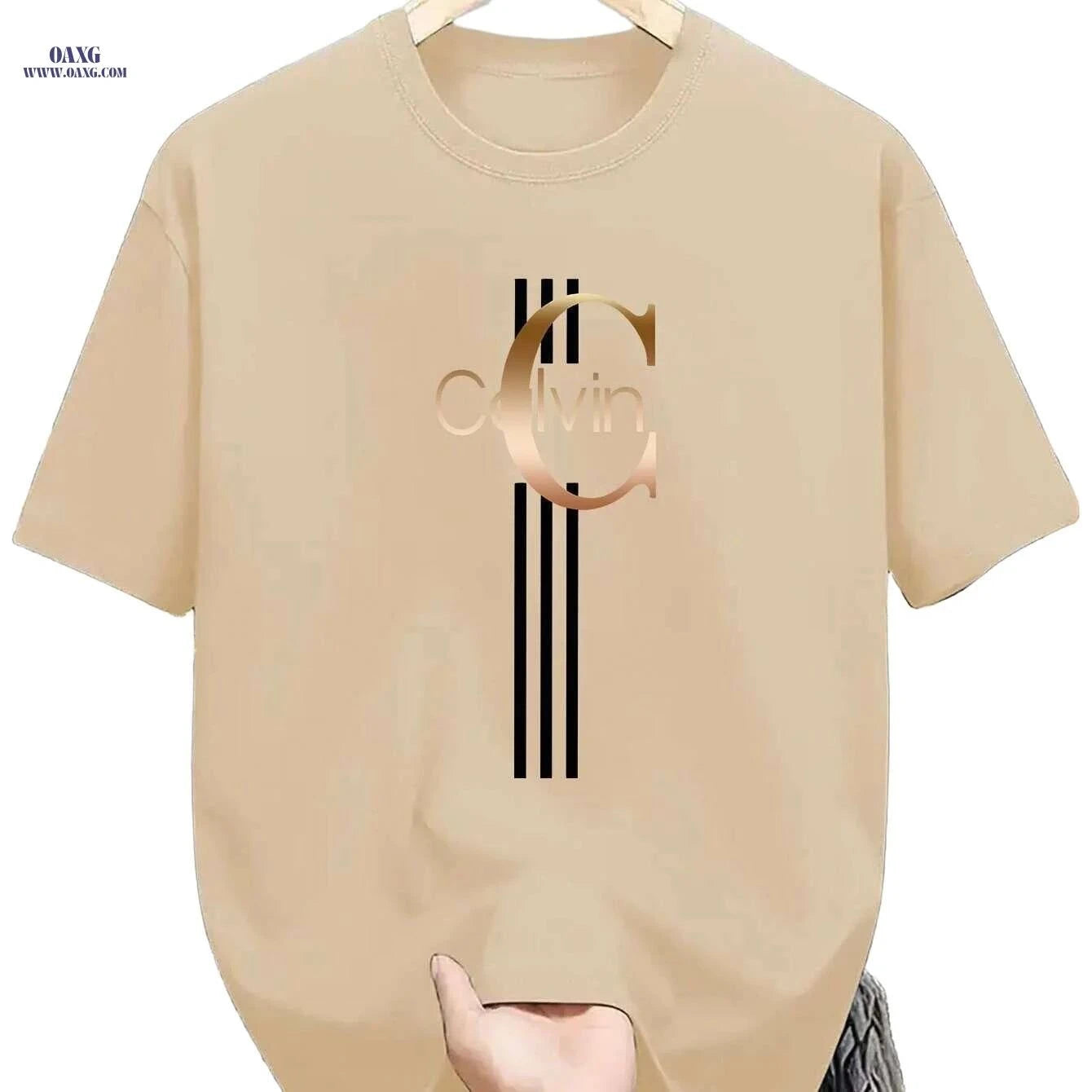 Men's Calvin Print T-Shirt - Black Golden Stripe Summer Tee   OAXG Black / XS