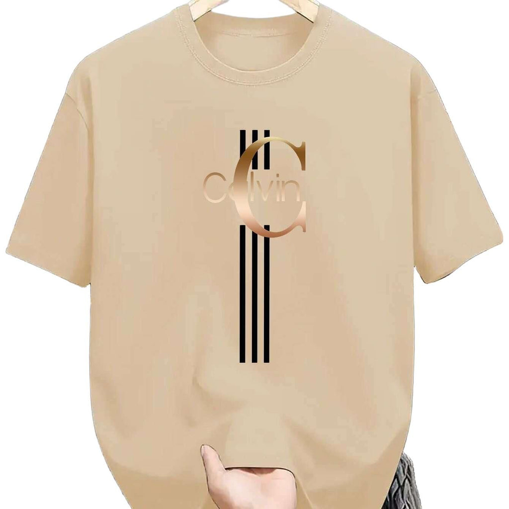 Men's Calvin Print T-Shirt - Black Golden Stripe Summer Tee   OAXG Black / XS
