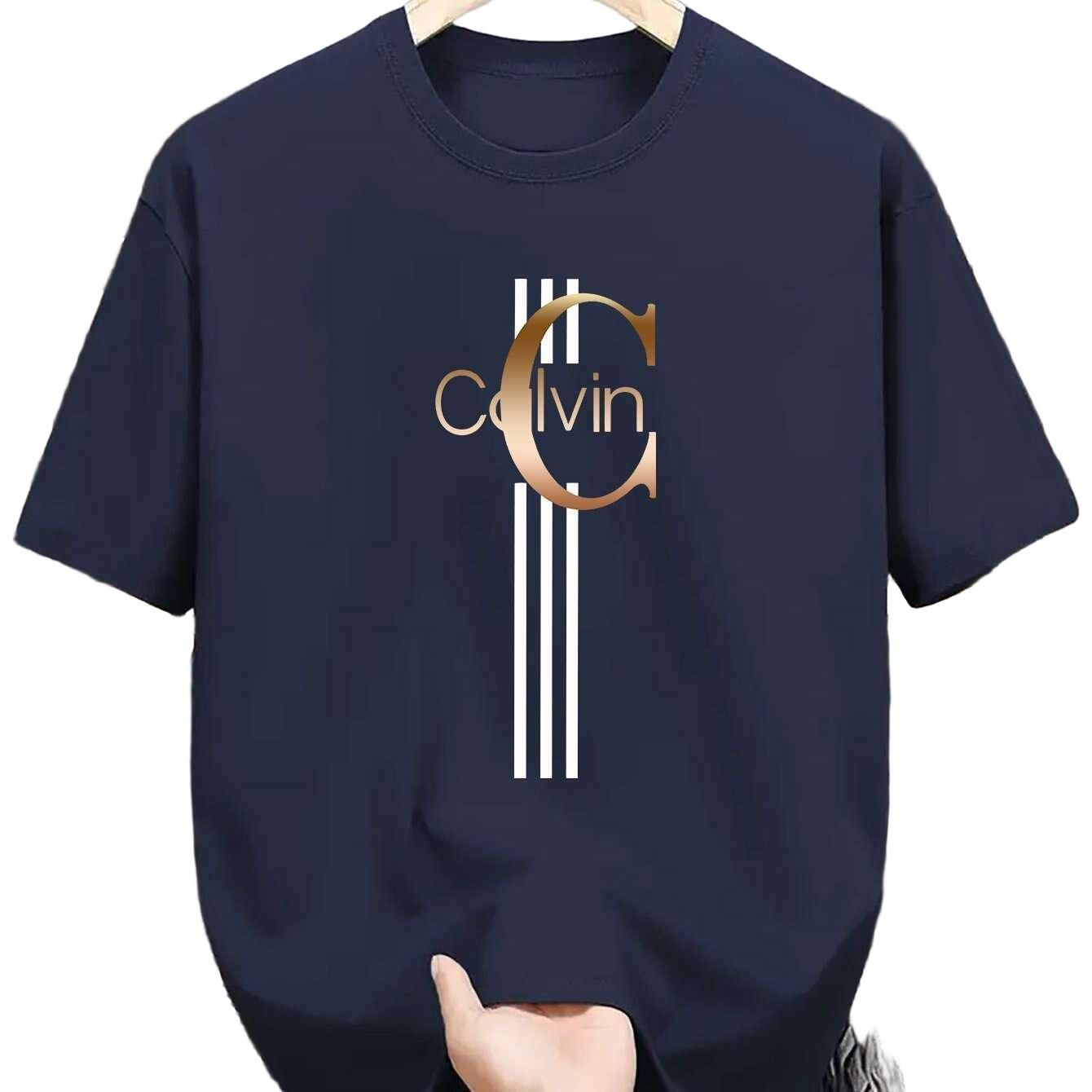 Men's Calvin Print T-Shirt - Black Golden Stripe Summer Tee   OAXG Black / XS