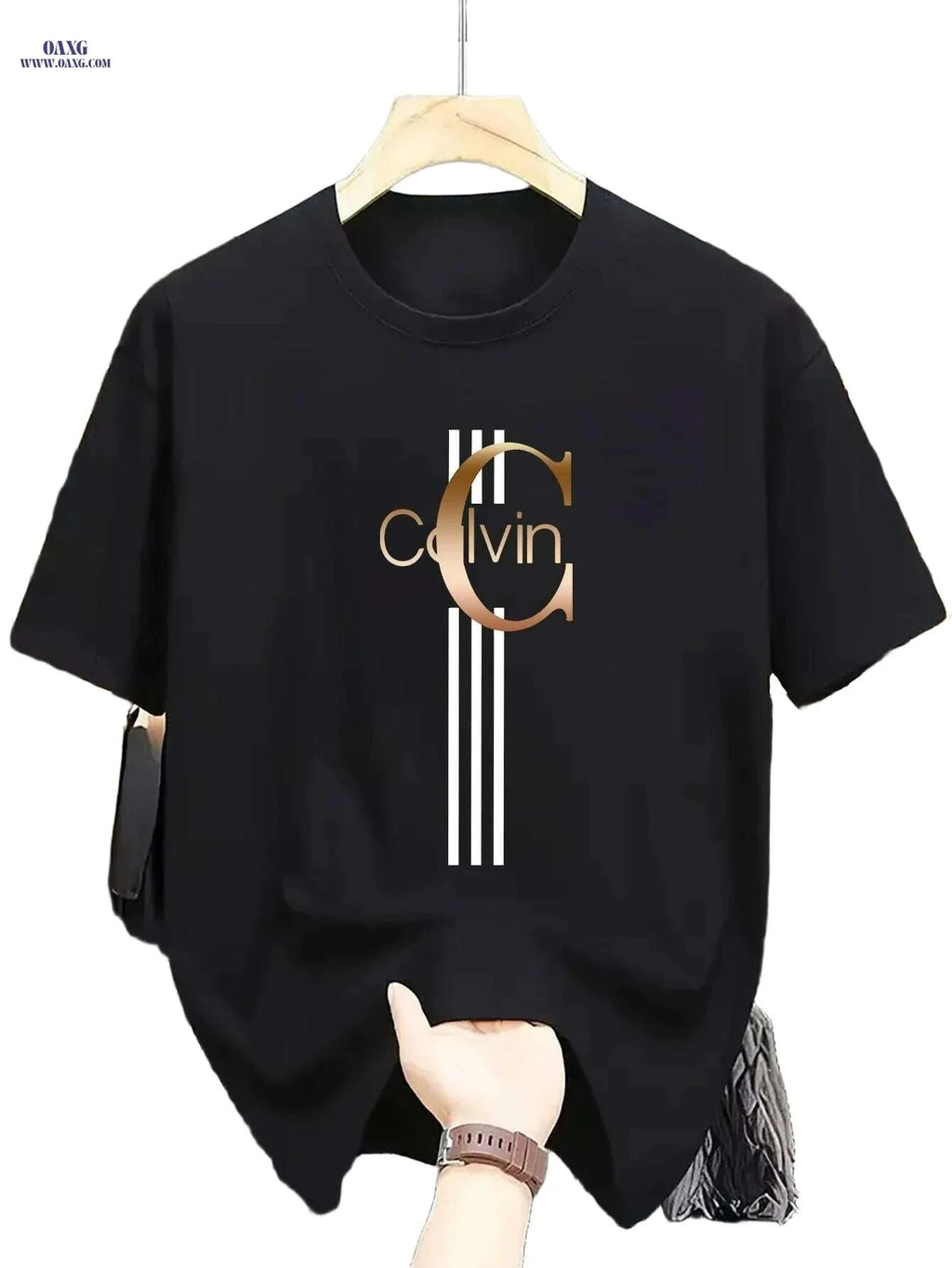 Men's Calvin Print T-Shirt - Black Golden Stripe Summer Tee   OAXG Black / XS