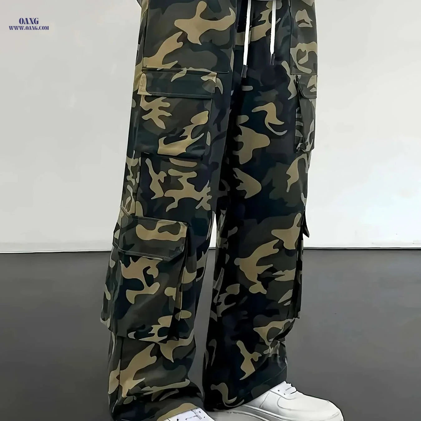 Men's Camo Cargo Pants - Loose Fit, Drawstring Waist, Multi-Pocket   OAXG 