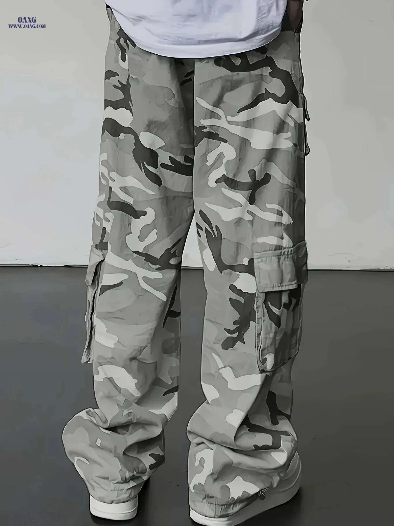 Men's Camo Cargo Pants - Loose Fit, Drawstring Waist, Multi-Pocket   OAXG 