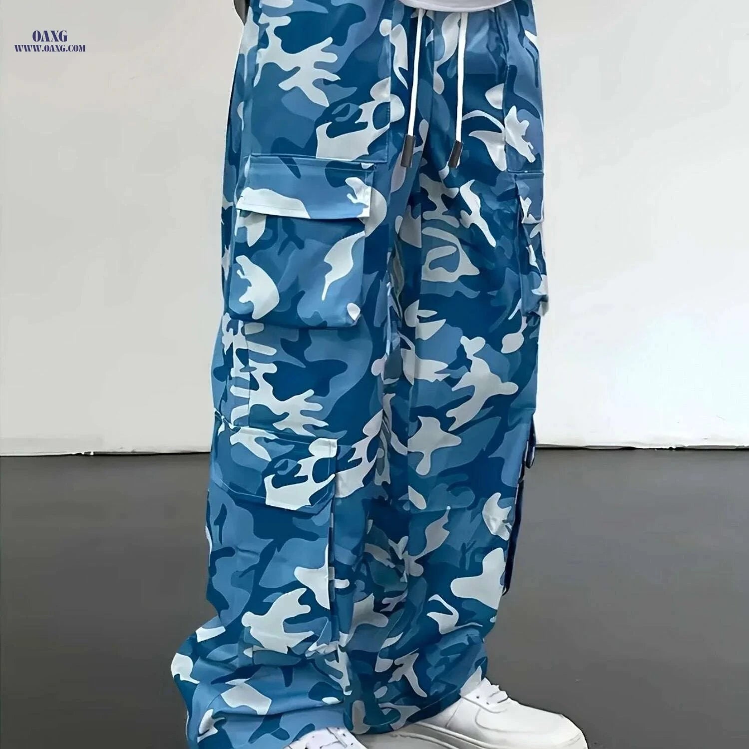 Men's Camo Cargo Pants - Loose Fit, Drawstring Waist, Multi-Pocket   OAXG Grey / S