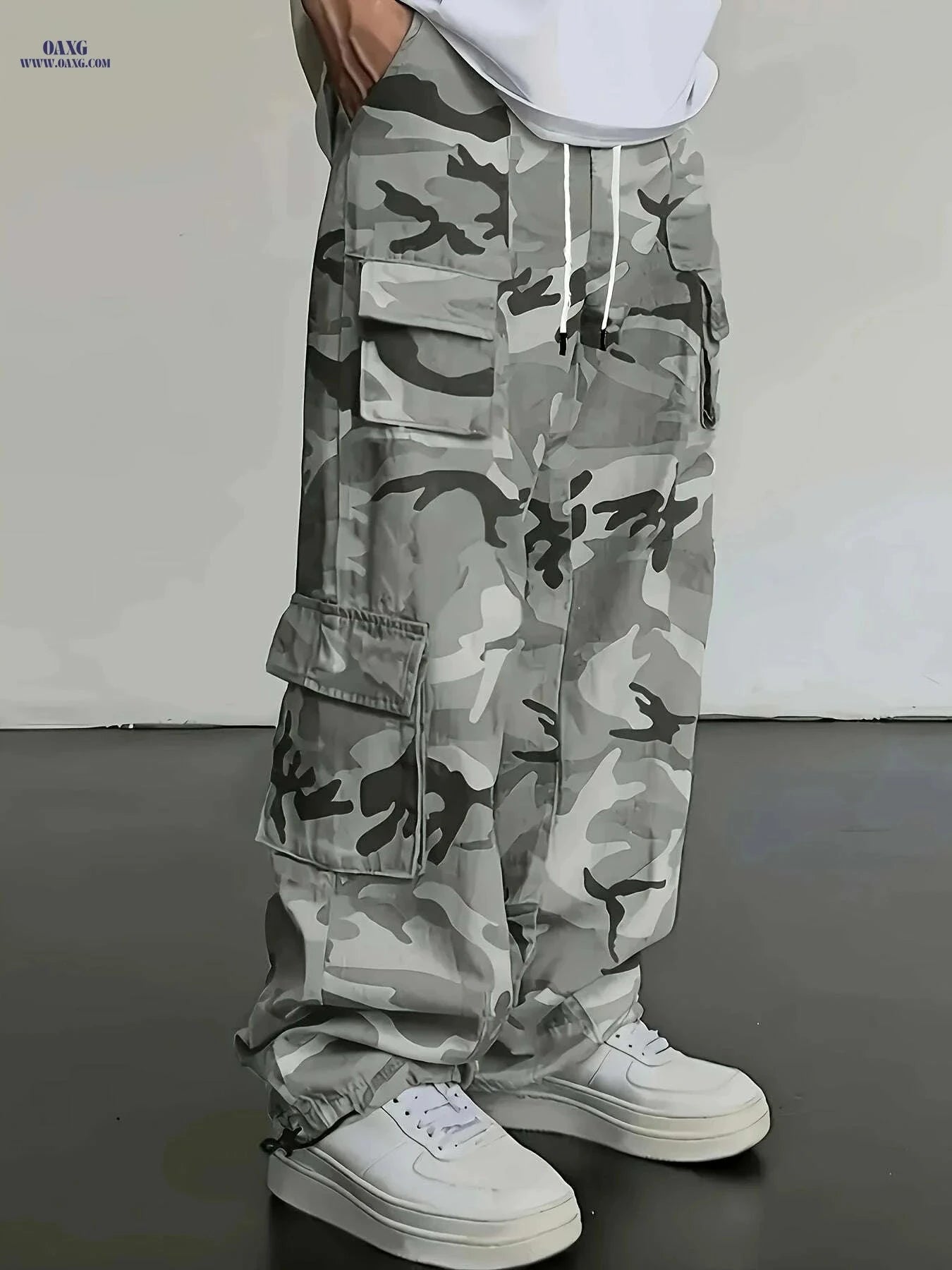 Men's Camo Cargo Pants - Loose Fit, Drawstring Waist, Multi-Pocket   OAXG Grey / S