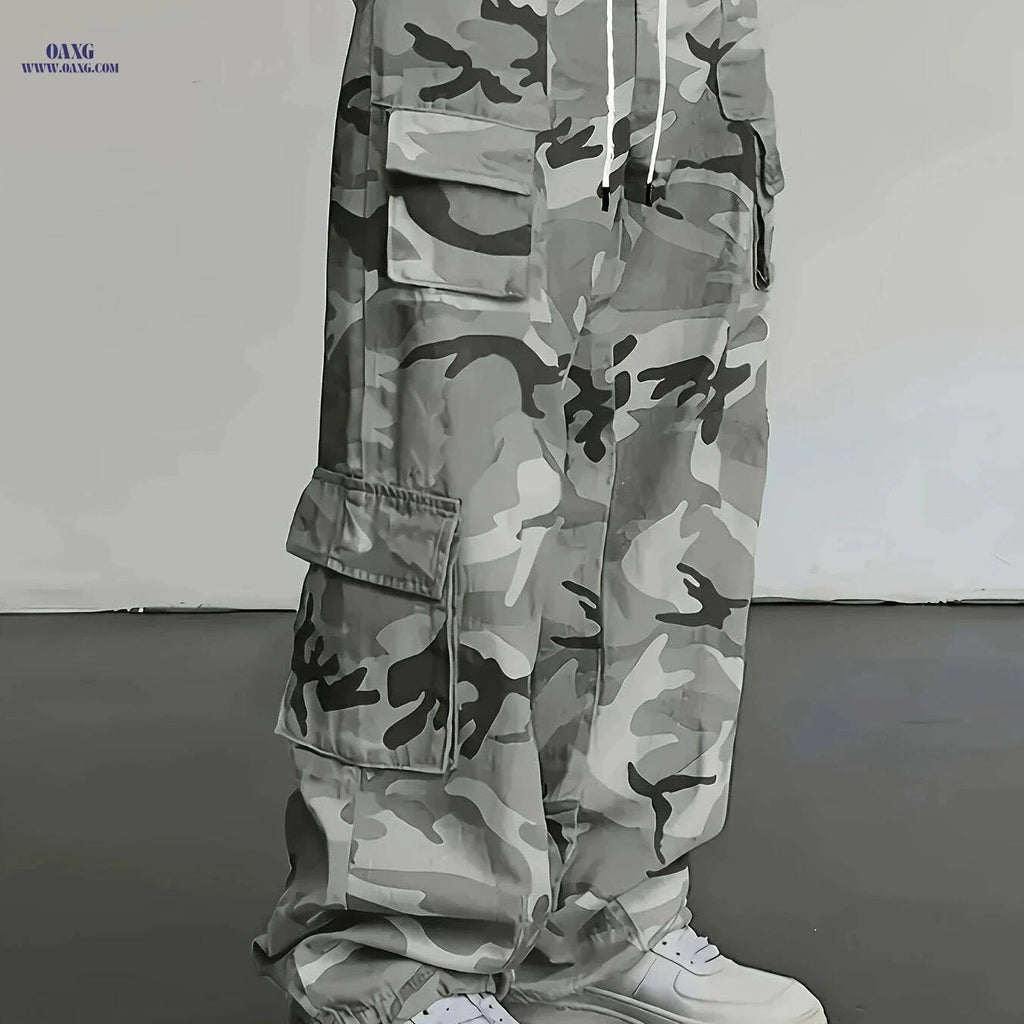 Men's Camo Cargo Pants - Loose Fit, Drawstring Waist, Multi-Pocket   OAXG Grey / S