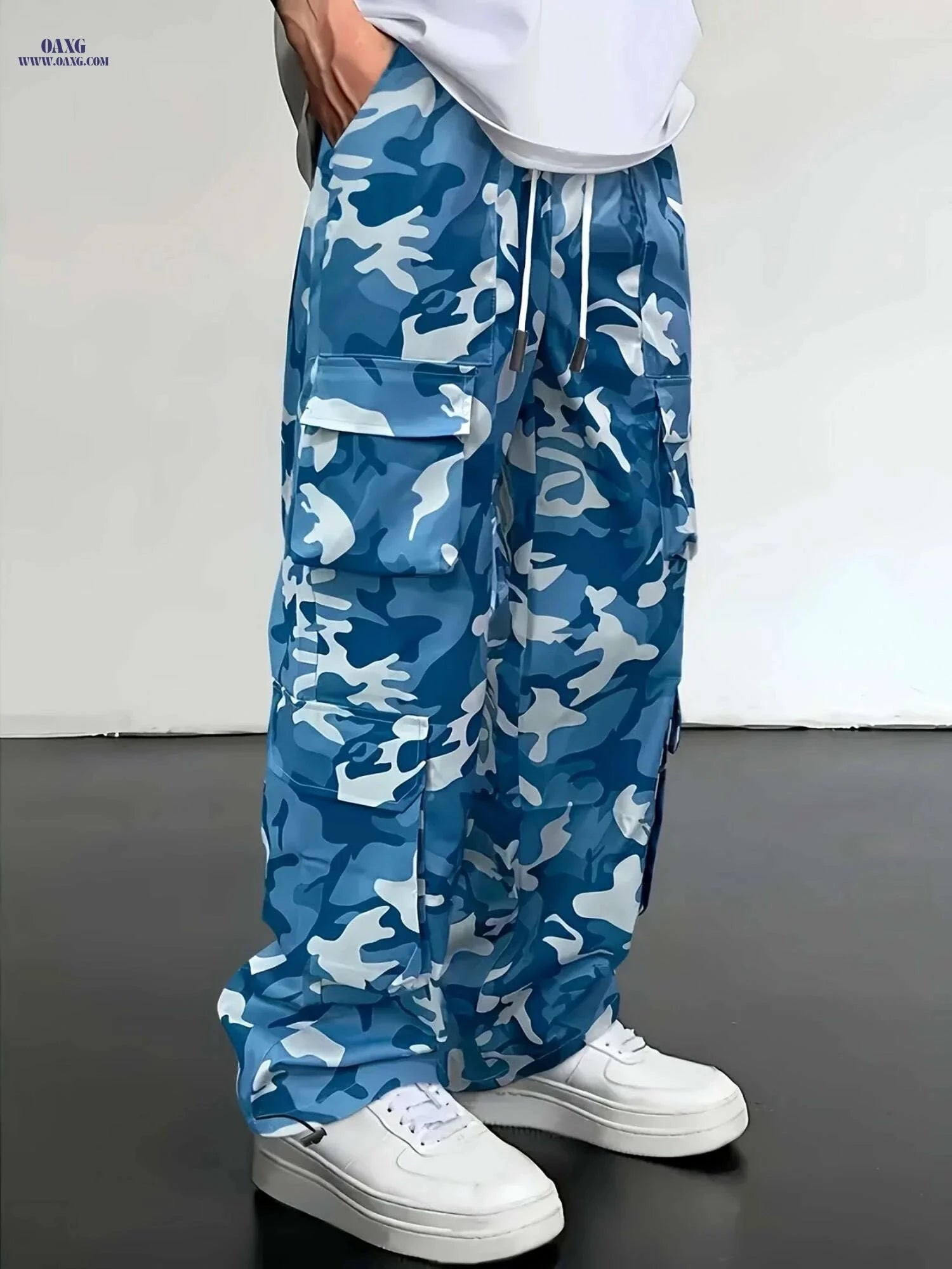 Men's Camo Cargo Pants - Loose Fit, Drawstring Waist, Multi-Pocket   OAXG Grey / S