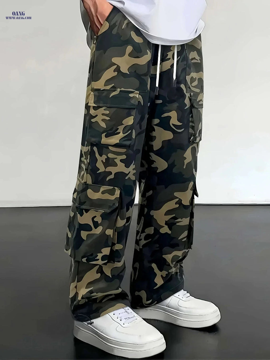 Men's Camo Cargo Pants - Loose Fit with Drawstring Waist, Casual Style   OAXG Grey / FR S
