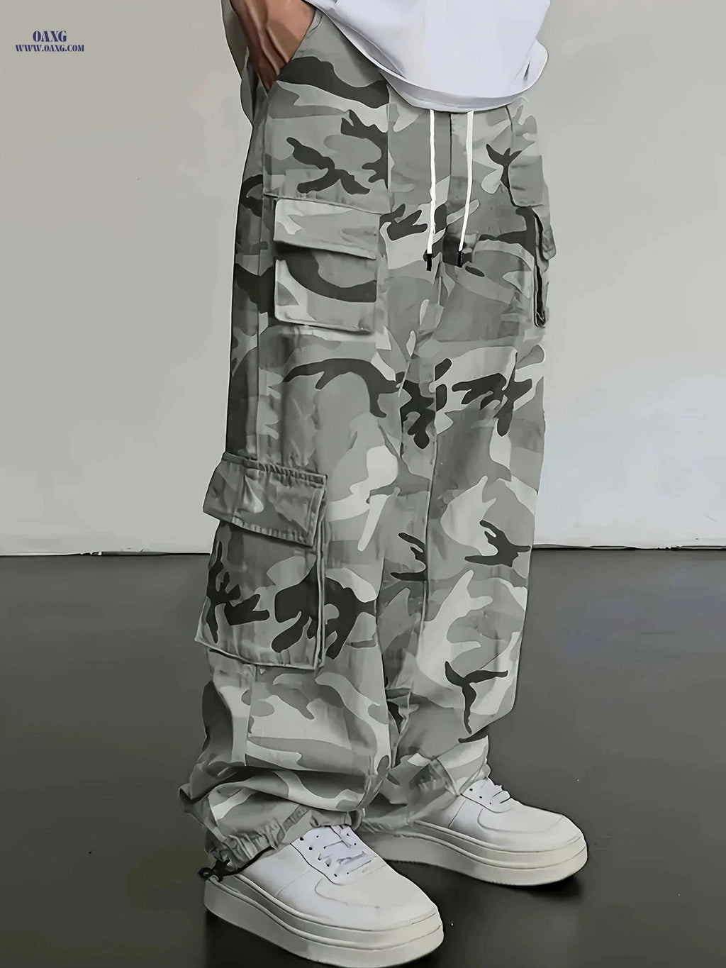 Men's Camo Cargo Pants - Loose Fit with Drawstring Waist, Casual Style   OAXG Grey / FR S