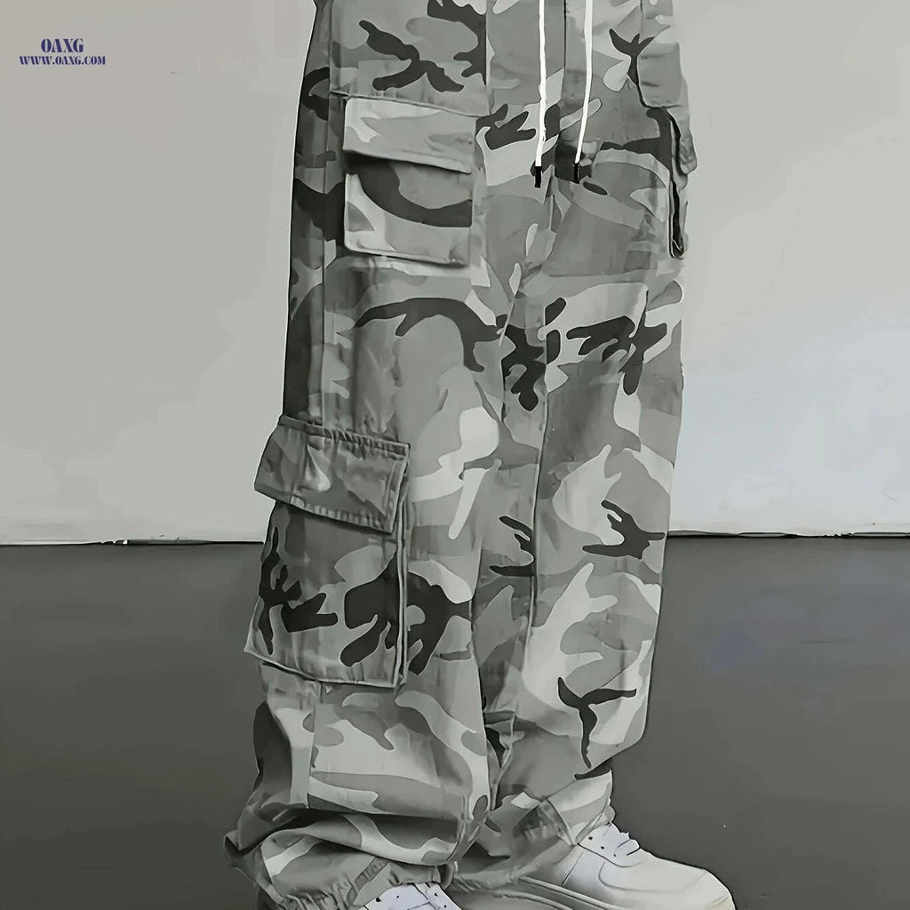 Men's Camo Cargo Pants - Loose Fit with Utility Pockets for Outdoor   OAXG Grey / S