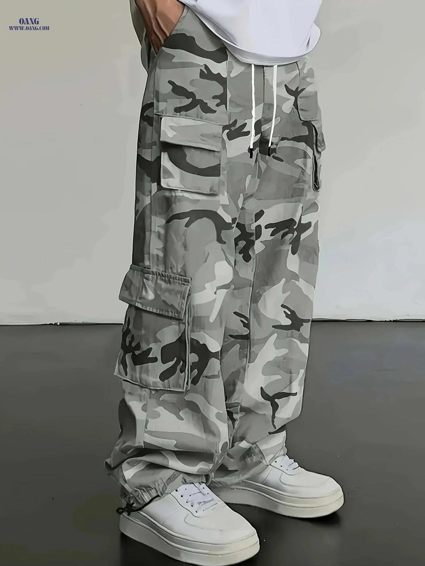Men's Camo Cargo Pants - Loose Fit with Utility Pockets for Outdoor   OAXG Grey / S