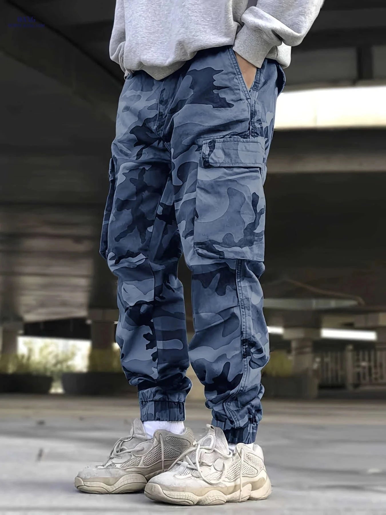 Men's Camo Print Cargo Pants - All-Season Elastic Waist, Multi-Pocket   OAXG Camouflage Color / FR S