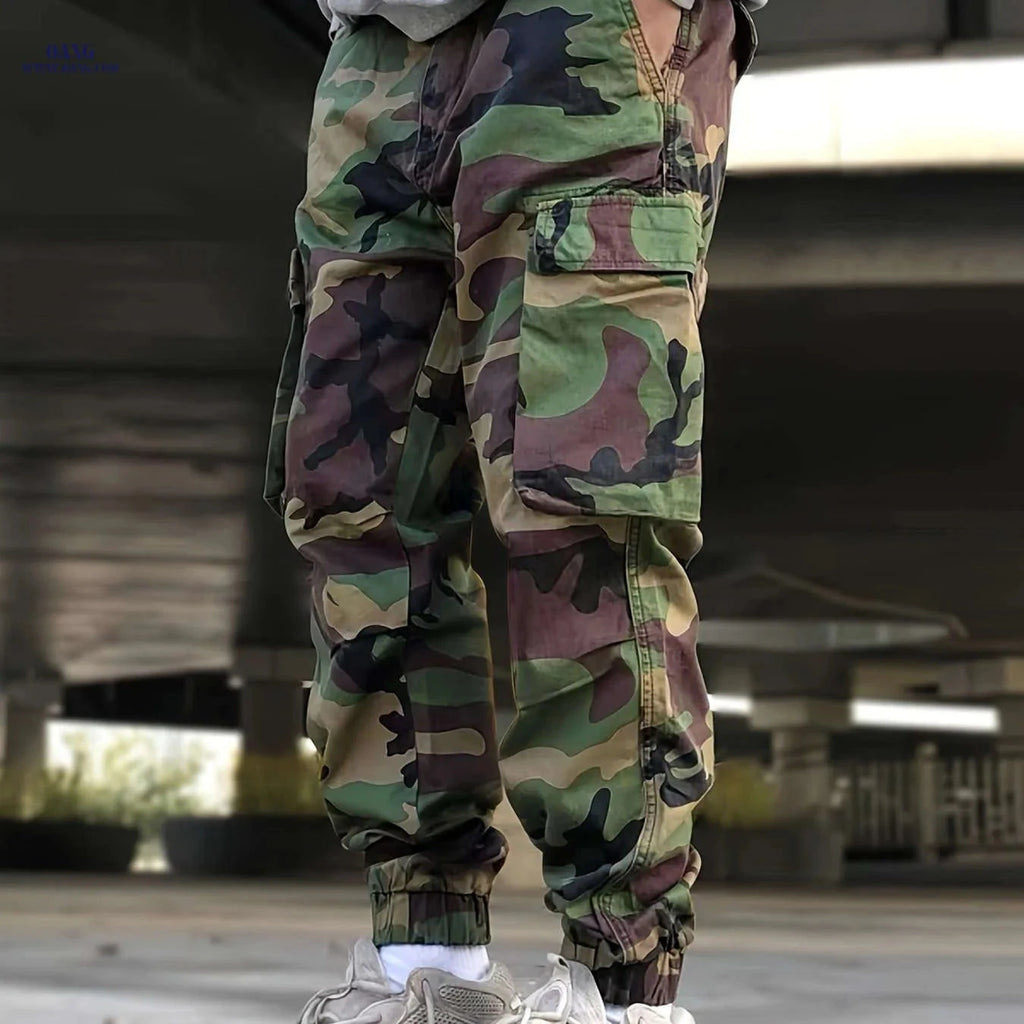 Men's Camo Print Cargo Pants - All-Season Elastic Waist, Multi-Pocket   OAXG Camouflage Color / FR S